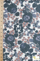 Lotus Vines, Blue Florals on Ivory, French Terry Knit Print. FTP-339-WHT - Boho Fabrics
