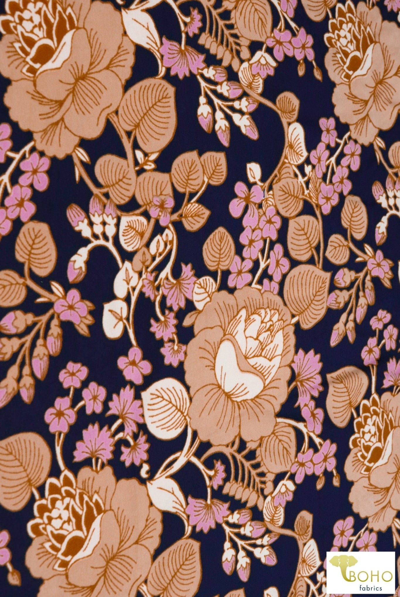 Lotus Vines on Navy Blue. Double Brushed Poly Knit Fabric. BP-112-NVY - Boho Fabrics