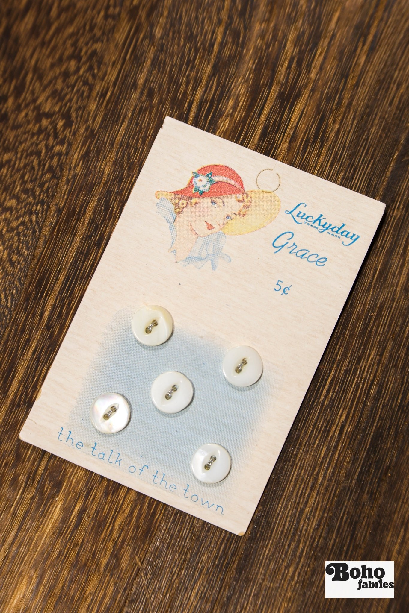 Luckyday Grace Vintage Mother of Pearl Button Card — 11mm White Buttons, Illustrated Lady in Red Hat, 1930s - Boho Fabrics - Buttons & Snaps