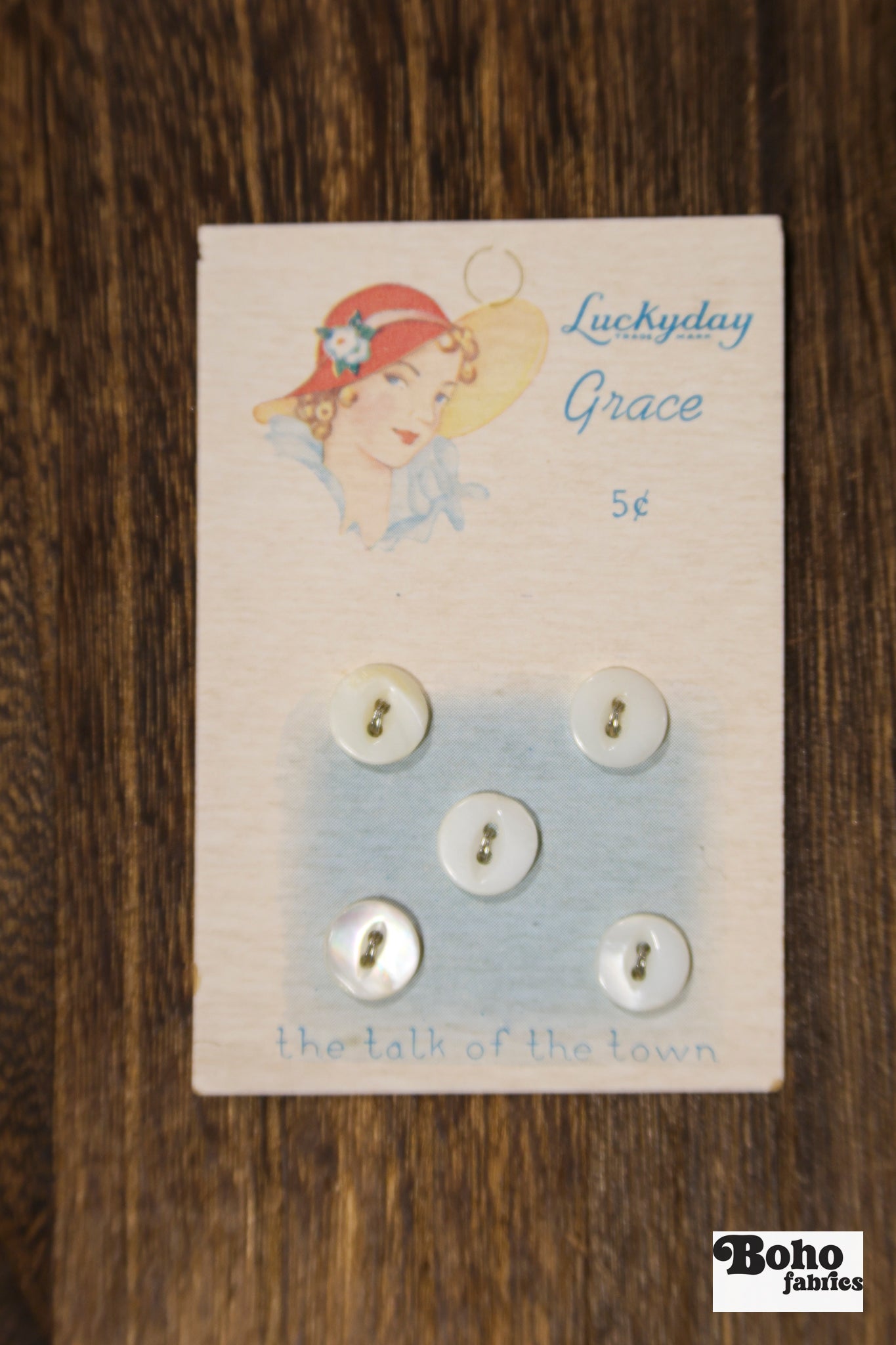 Luckyday Grace Vintage Mother of Pearl Button Card — 11mm White Buttons, Illustrated Lady in Red Hat, 1930s - Boho Fabrics - Buttons & Snaps