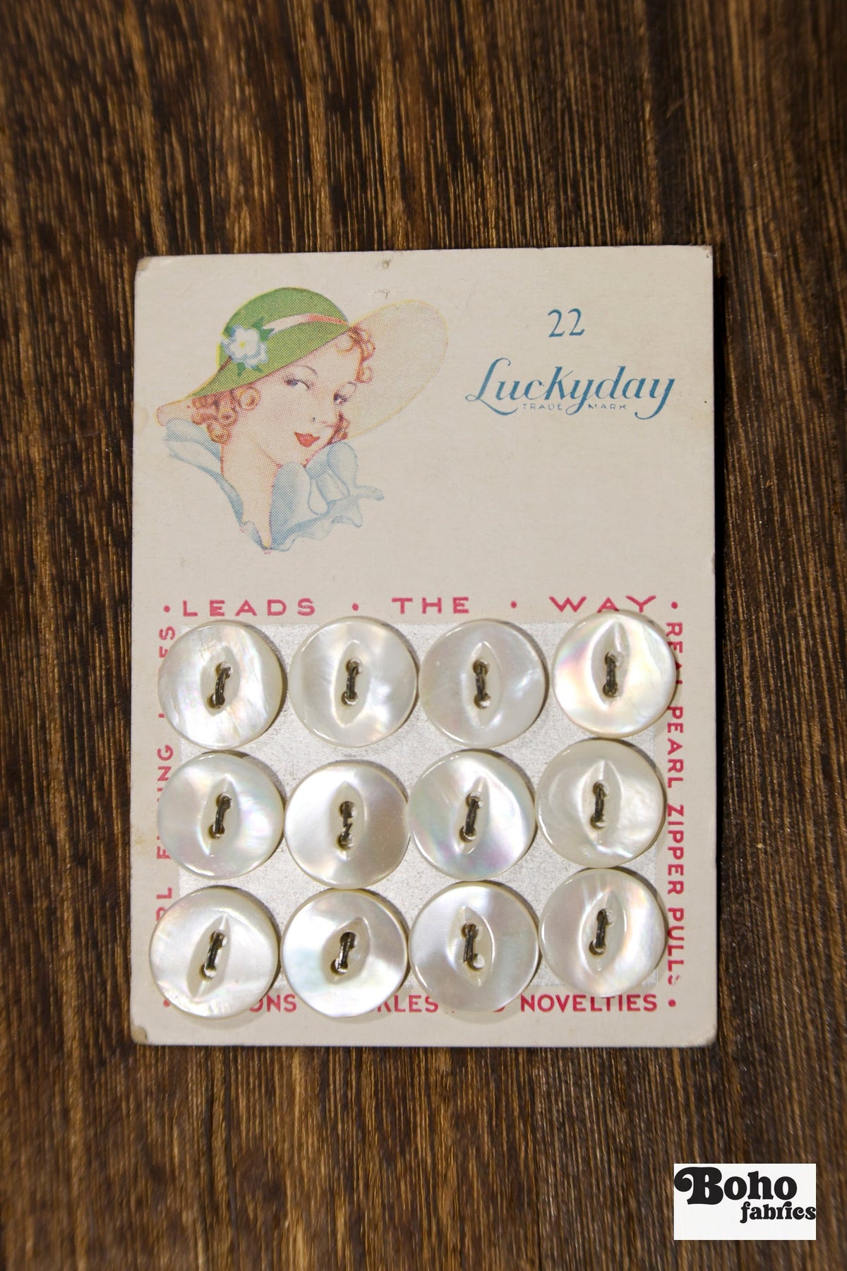 Luckyday Vintage Mother of Pearl Button Card — 14mm White Fisheye Buttons, Illustrated Lady in Green Hat, 1930s - Boho Fabrics - Buttons & Snaps