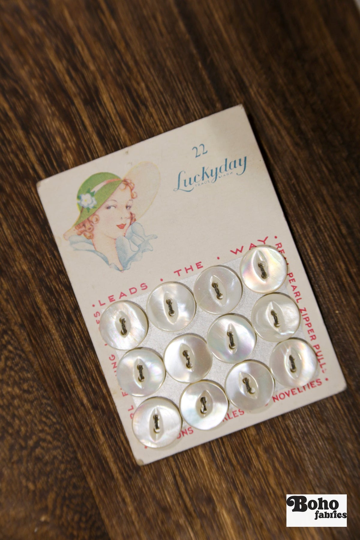 Luckyday Vintage Mother of Pearl Button Card — 14mm White Fisheye Buttons, Illustrated Lady in Green Hat, 1930s - Boho Fabrics - Buttons & Snaps