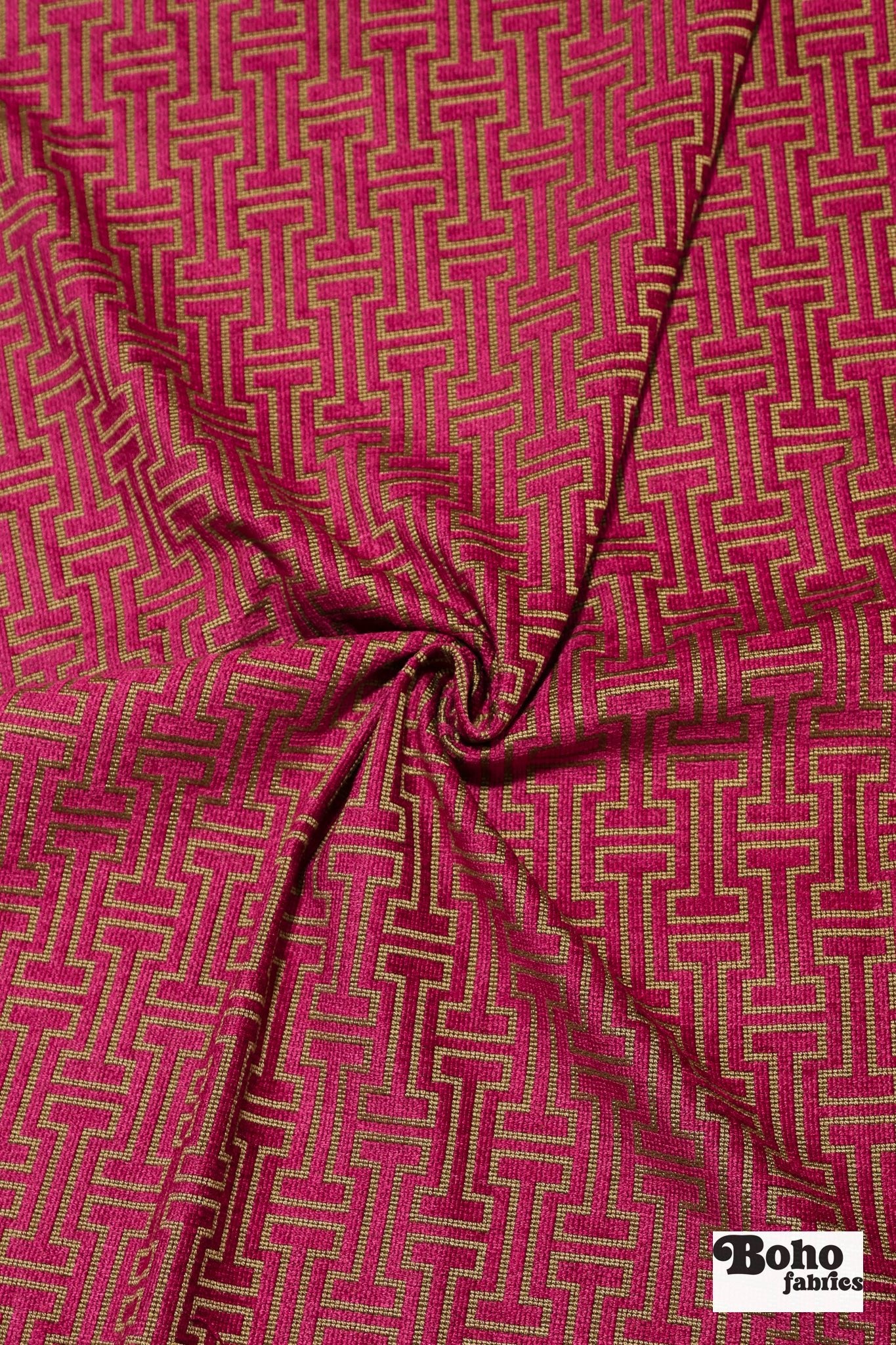 Magenta & Gold Geometric Fretwork Upholstery Woven Fabric - Boho Fabrics - Home Dec. & Upholstery Fabric