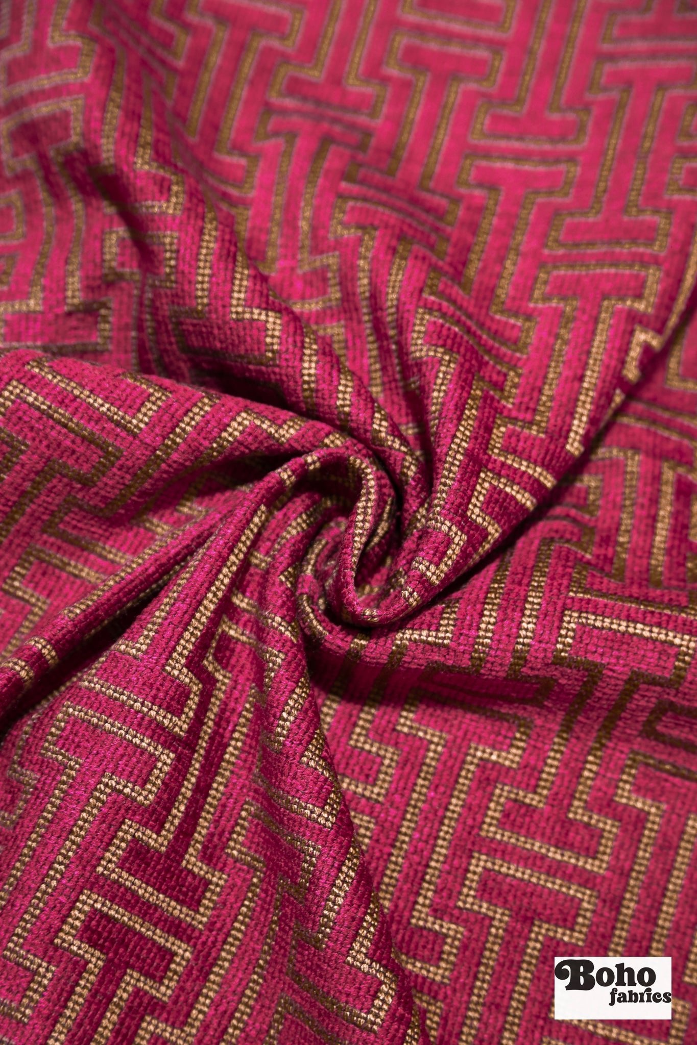 Magenta & Gold Geometric Fretwork Upholstery Woven Fabric - Boho Fabrics - Home Dec. & Upholstery Fabric