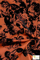 Magnolias on Copper Orange, Velvet Flocked Scuba Knit. SCU-116 - Boho Fabrics