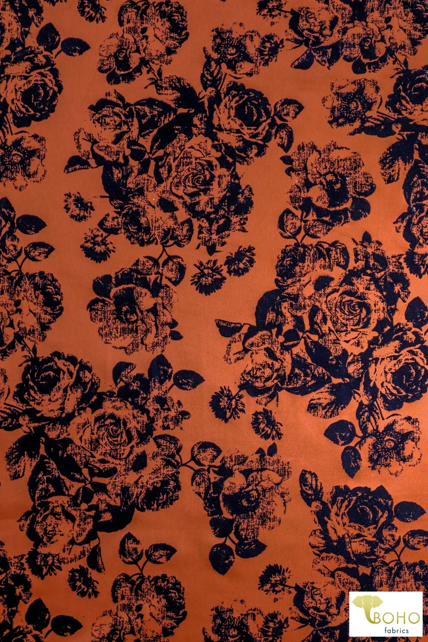 Magnolias on Copper Orange, Velvet Flocked Scuba Knit. SCU-116 - Boho Fabrics