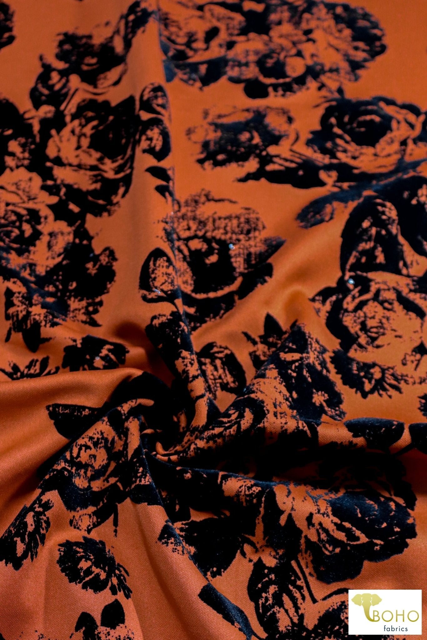 Magnolias on Copper Orange, Velvet Flocked Scuba Knit. SCU-116 - Boho Fabrics