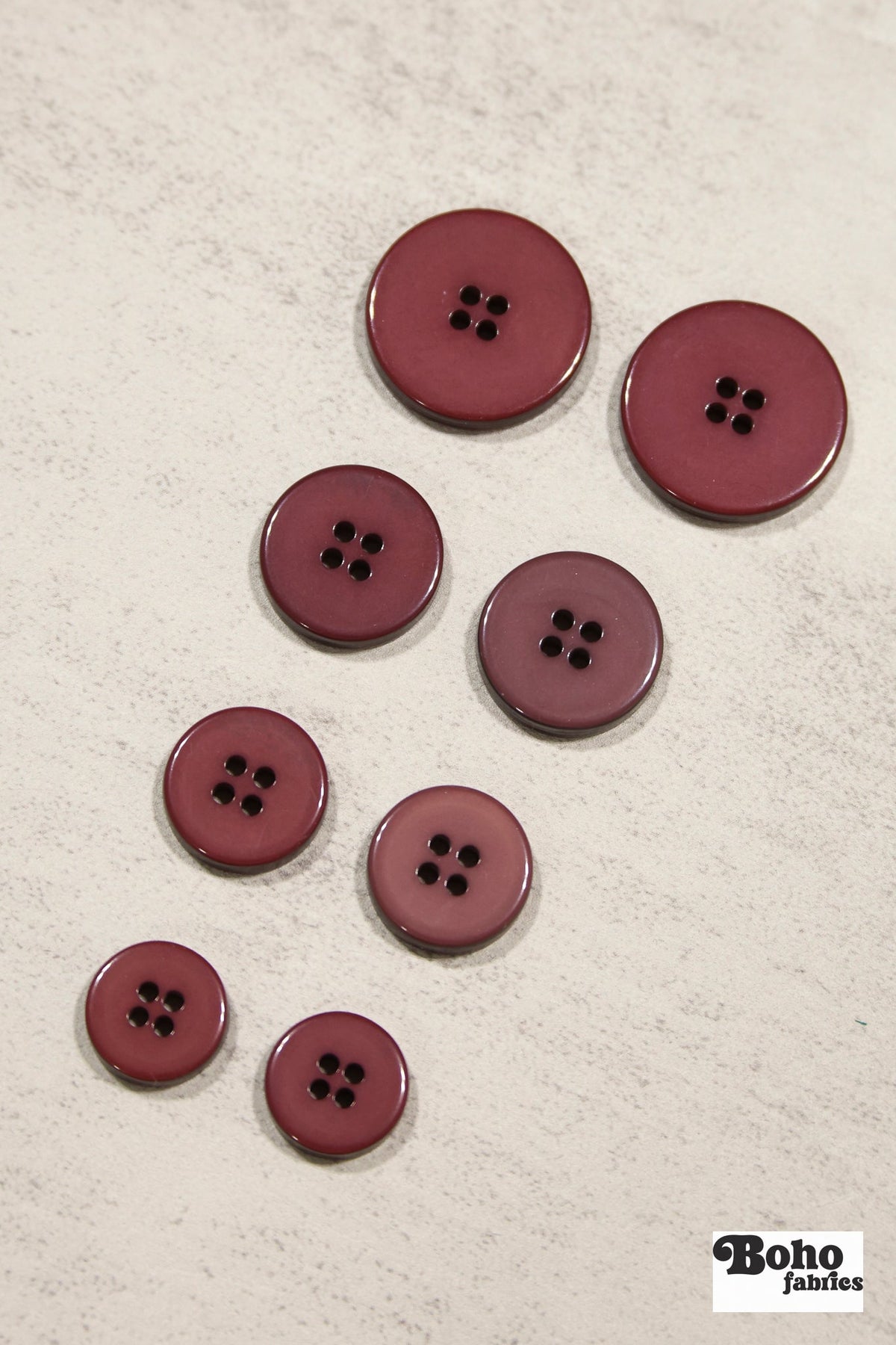 Maroon, Round 4 Hole Buttons. 26L (16mm/ 3/4"), 28L, (18mm/ 11/16"), 34L (21mm / 13/16"), 42L (26mm/ 1") - Boho Fabrics - Buttons & Snaps