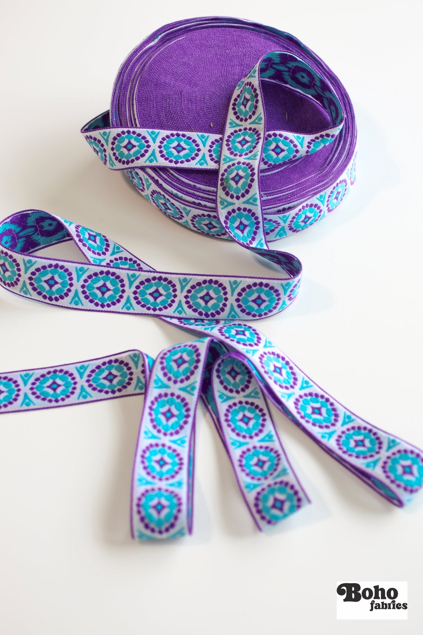 MCM Dots in Blue & Purple, 1 7/8" Vintage Jacquard Woven Trim, TRIM - 027 - Boho Fabrics - Trims