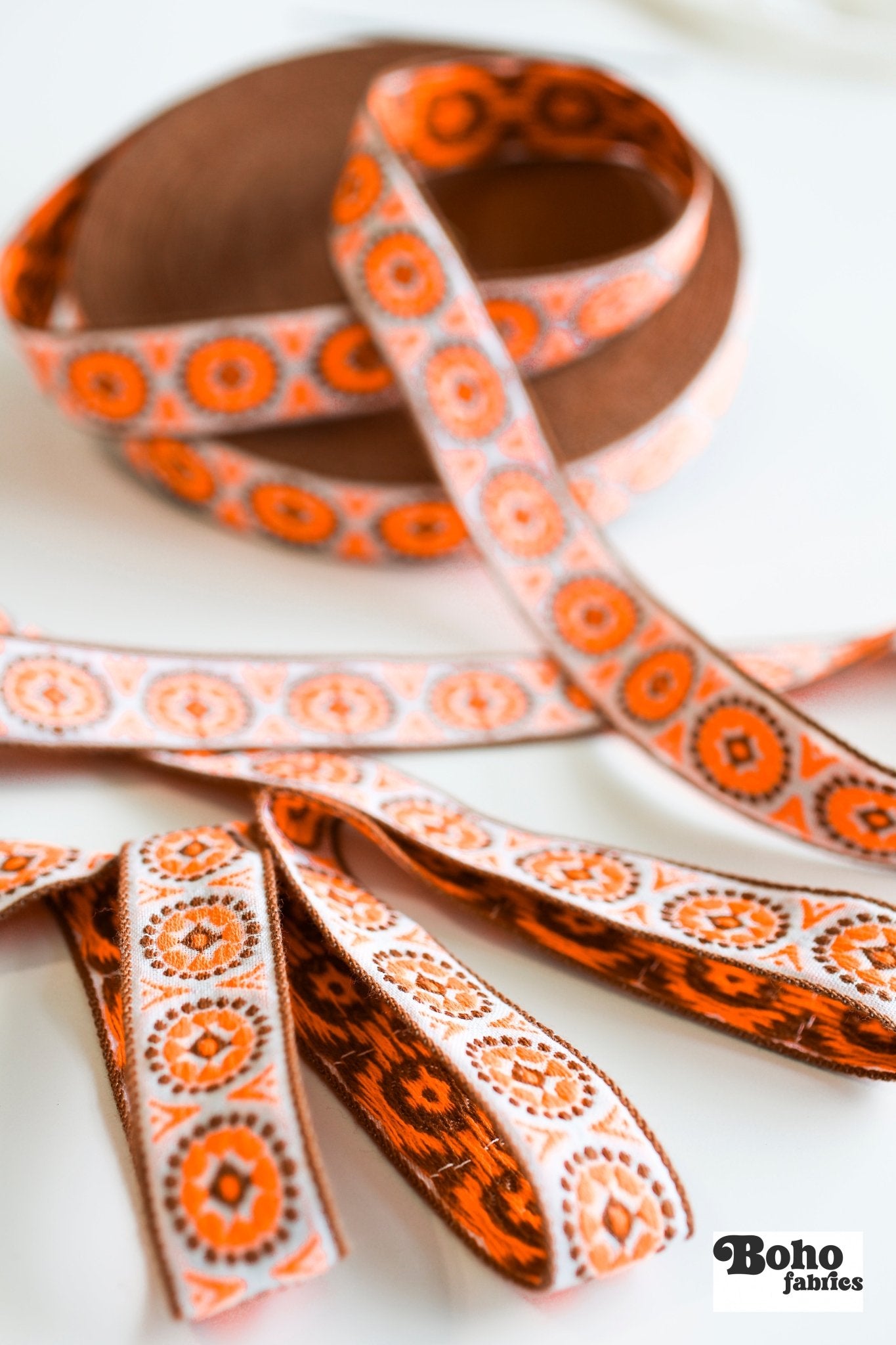 MCM Dots in Brown & Orange. 1" Vintage Jacquard Woven Trim. TRIM - 075 - Boho Fabrics - Trims