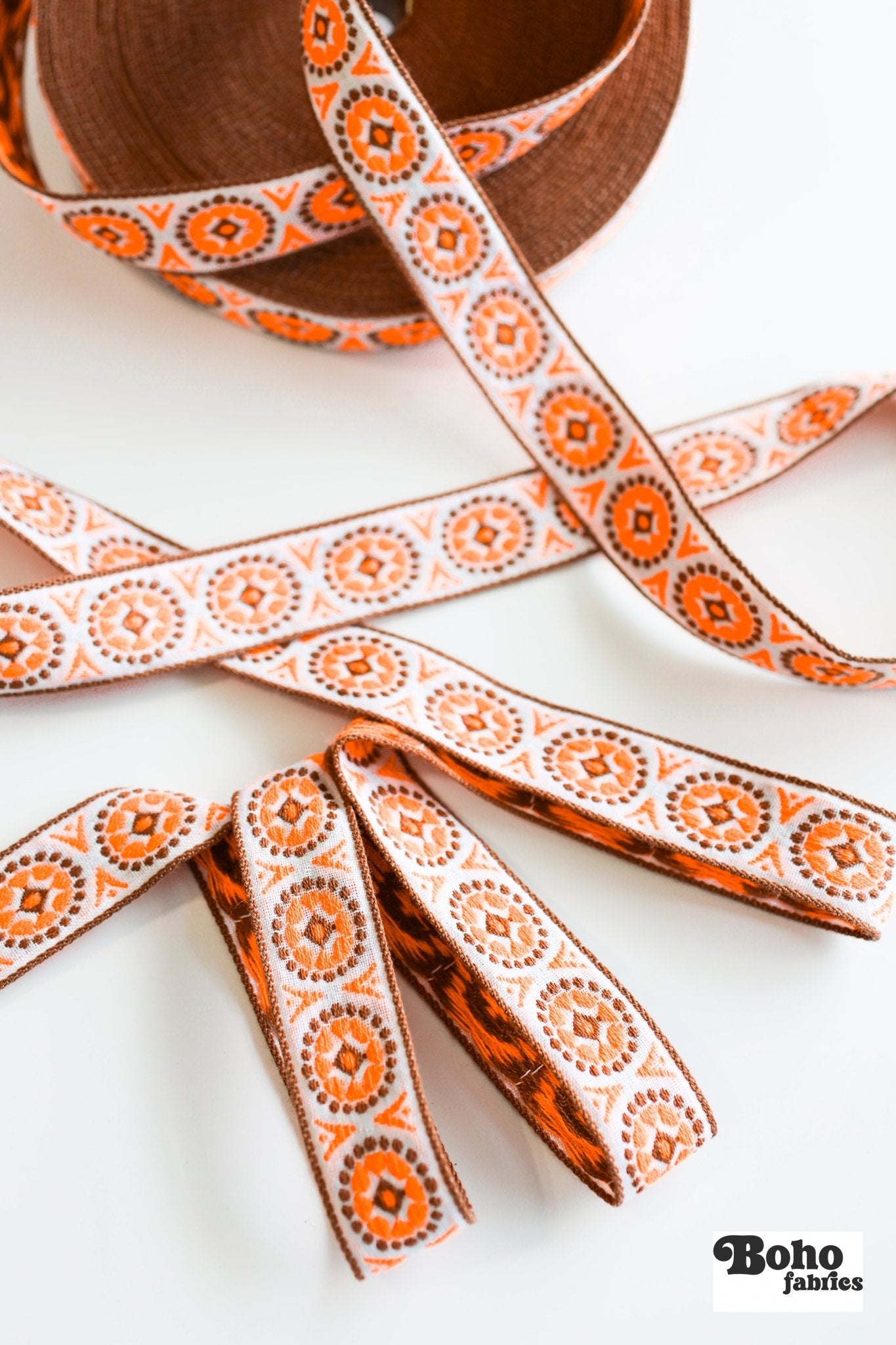 MCM Dots in Brown & Orange. 1" Vintage Jacquard Woven Trim. TRIM - 075 - Boho Fabrics - Trims