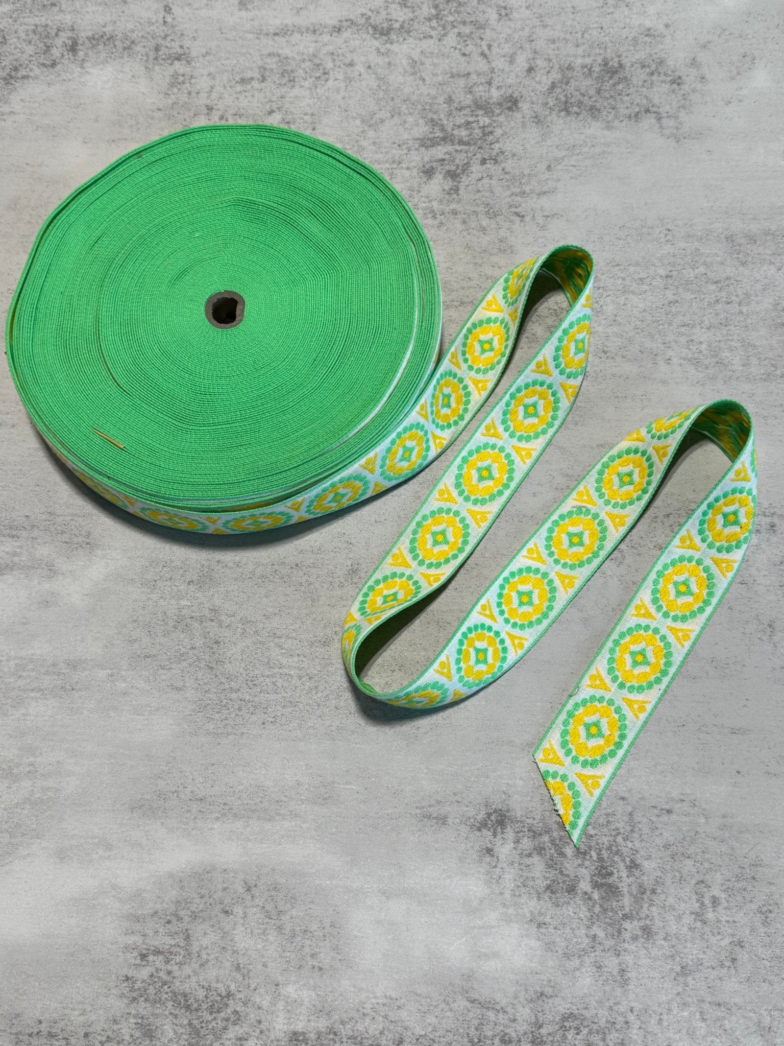 MCM Dots in Green & Yellow. Vintage Jacquard Woven Trim, 1.5” TRIM - 175 - Boho Fabrics - Trims