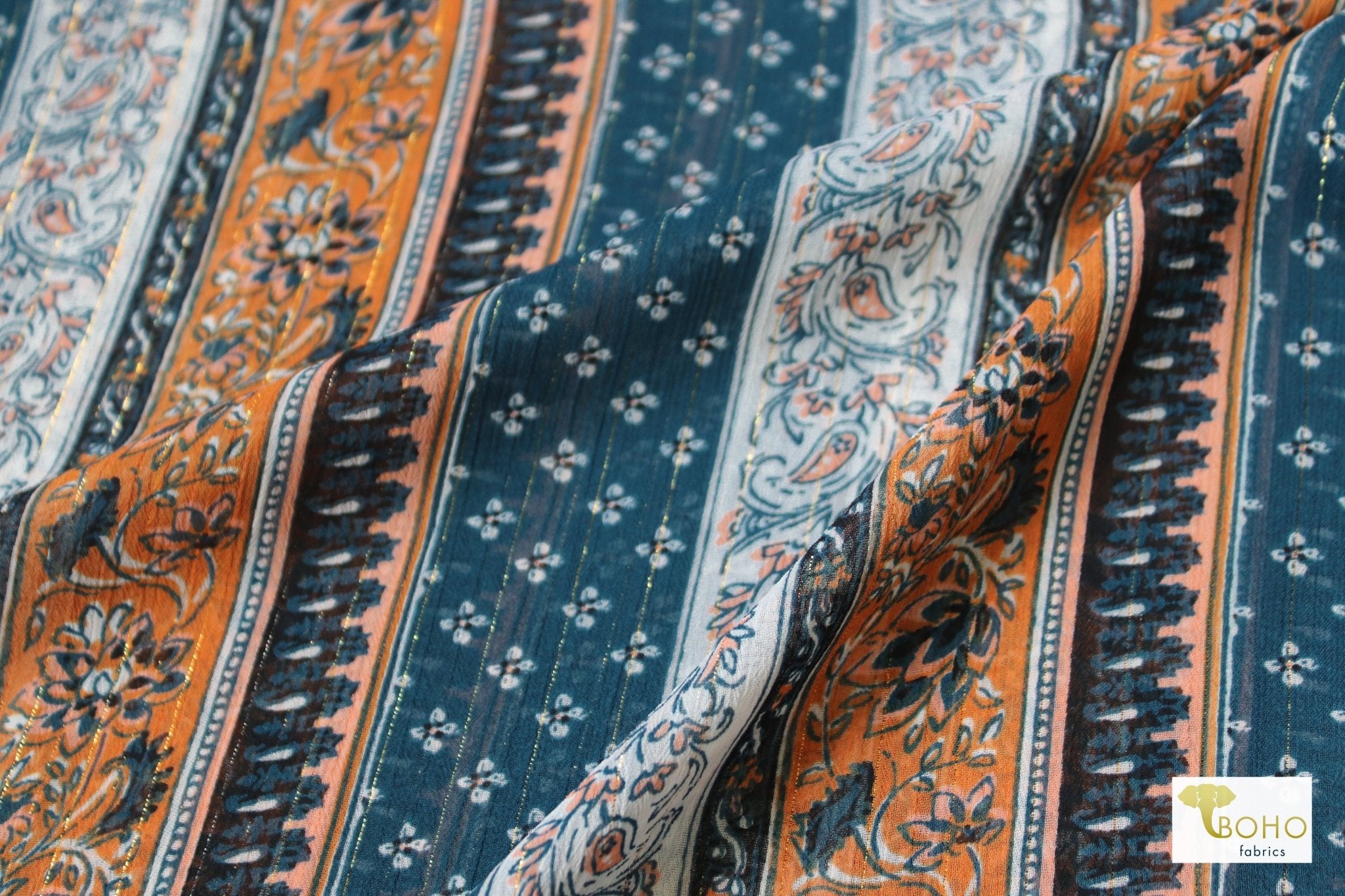 Metallic Teal Paisley, Silky Pebble Chiffon Woven Print Fabric - Boho Fabrics