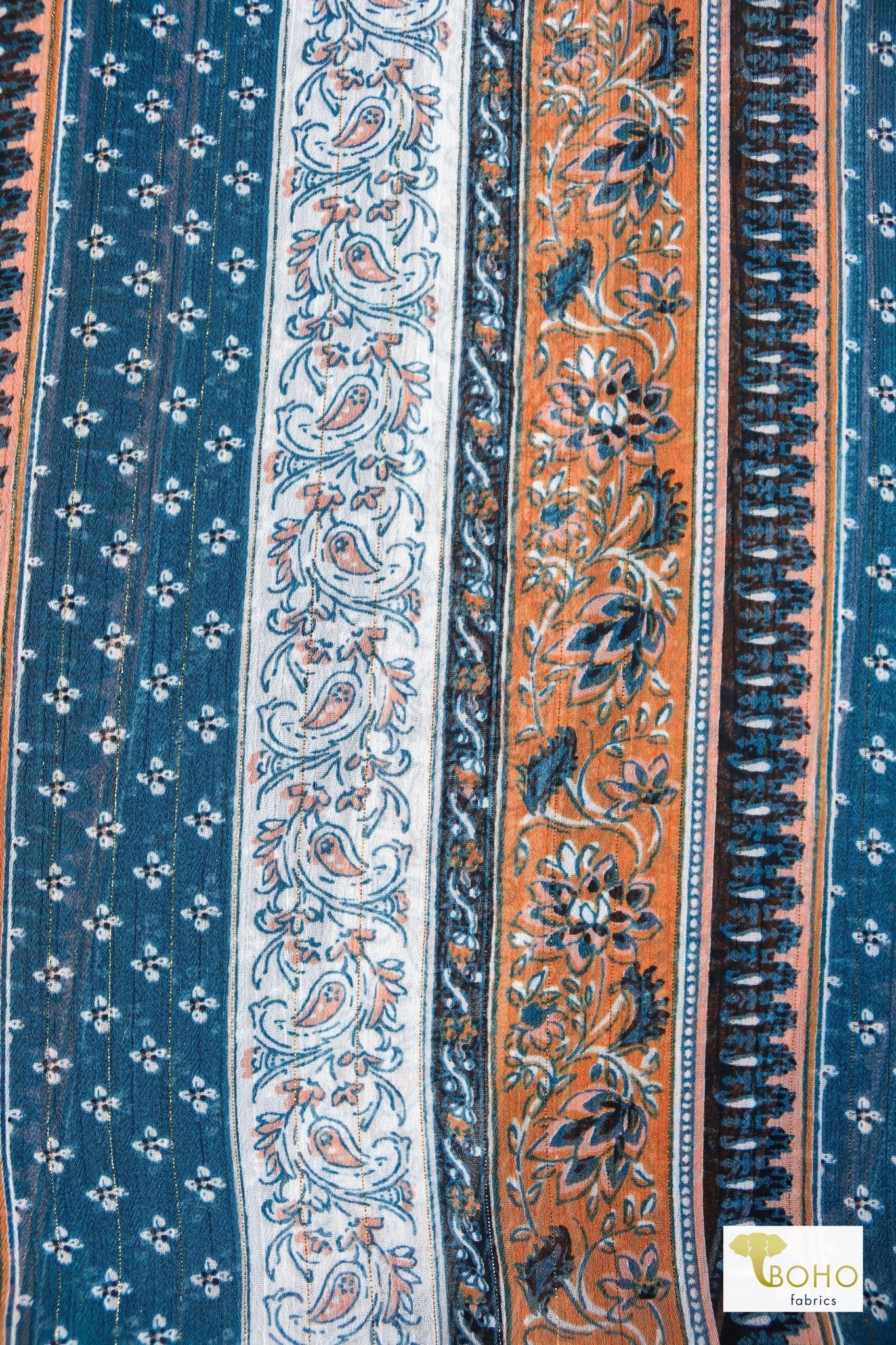 Metallic Teal Paisley, Silky Pebble Chiffon Woven Print Fabric - Boho Fabrics