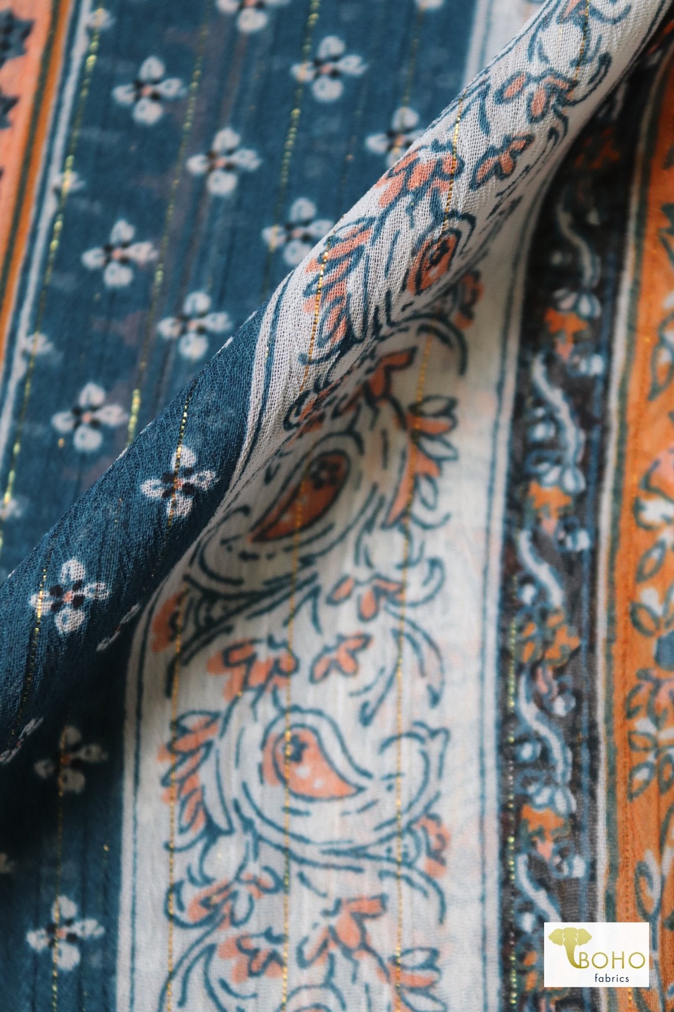 Metallic Teal Paisley, Silky Pebble Chiffon Woven Print Fabric - Boho Fabrics