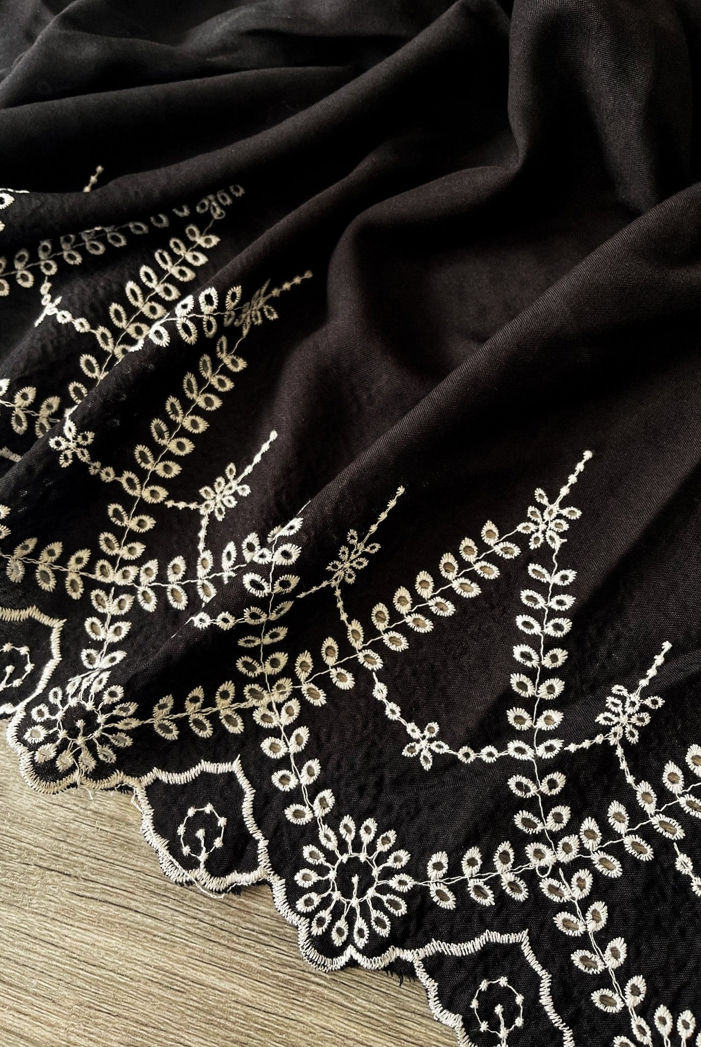 Midnight Beauty. Double Border Black Embroidered Eyelet, Woven Fabric - Boho Fabrics