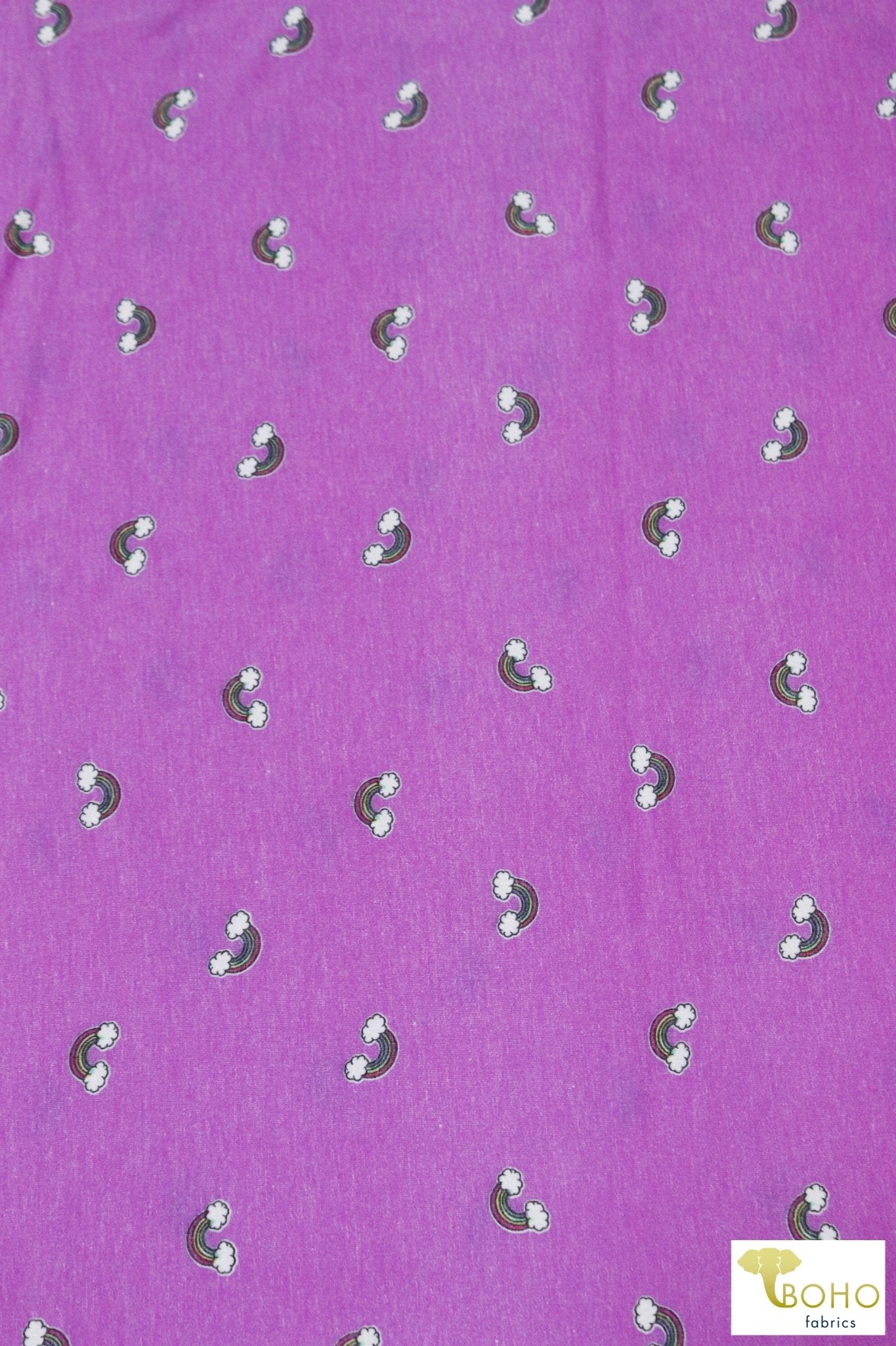 Mini Rainbows on Orchid Purple, French Terry Knit Print. FTP-320-PURP - Boho Fabrics