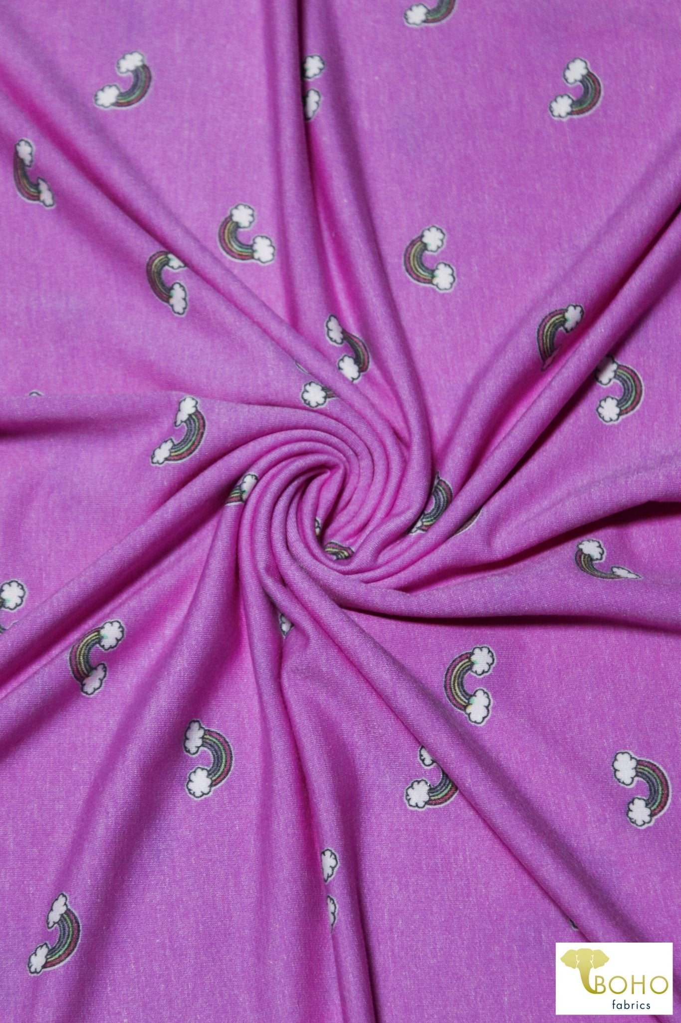 Mini Rainbows on Orchid Purple, French Terry Knit Print. FTP-320-PURP - Boho Fabrics