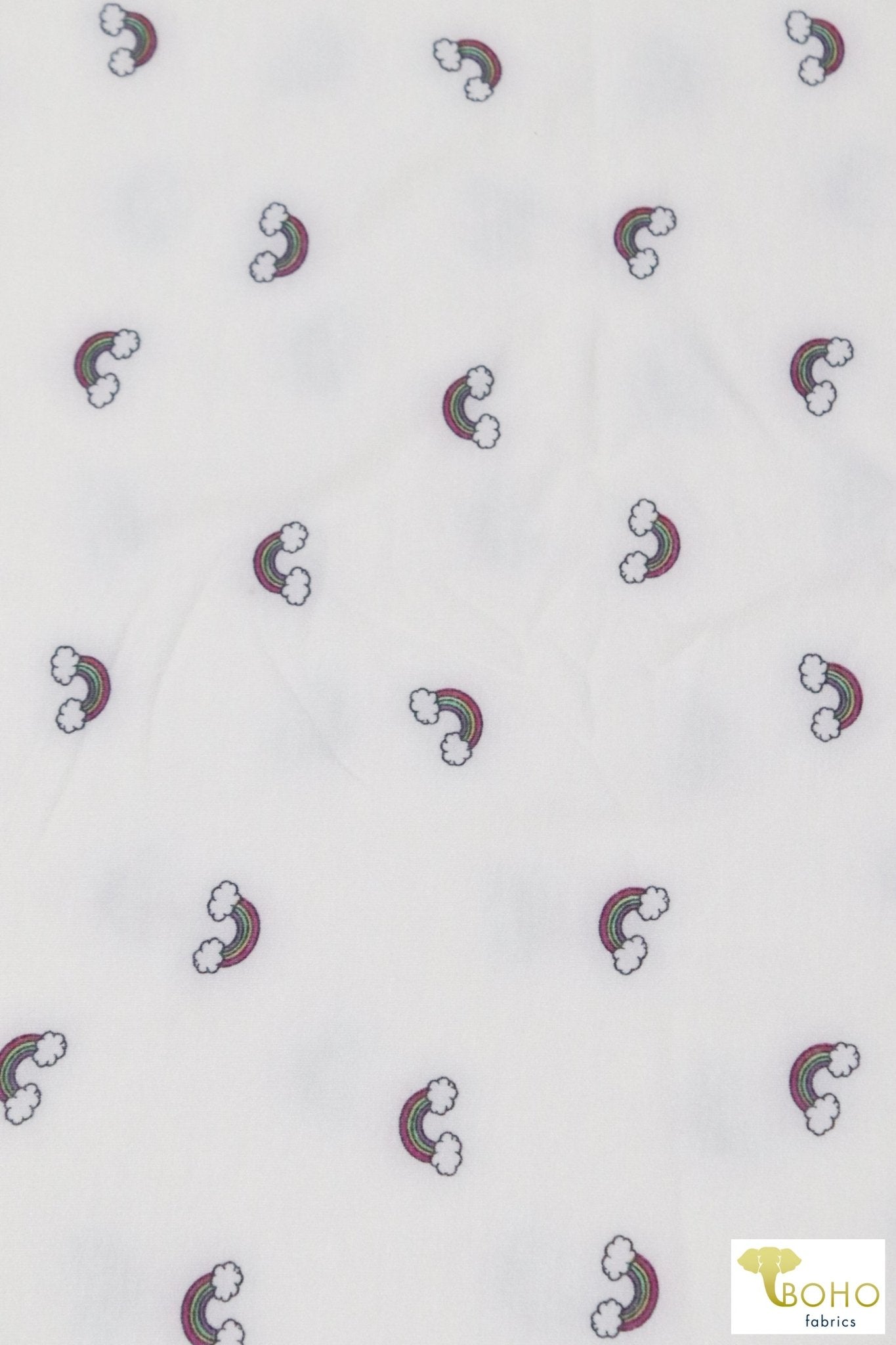 Mini Rainbows on White, French Terry Knit Print. FTP-320-WHT - Boho Fabrics
