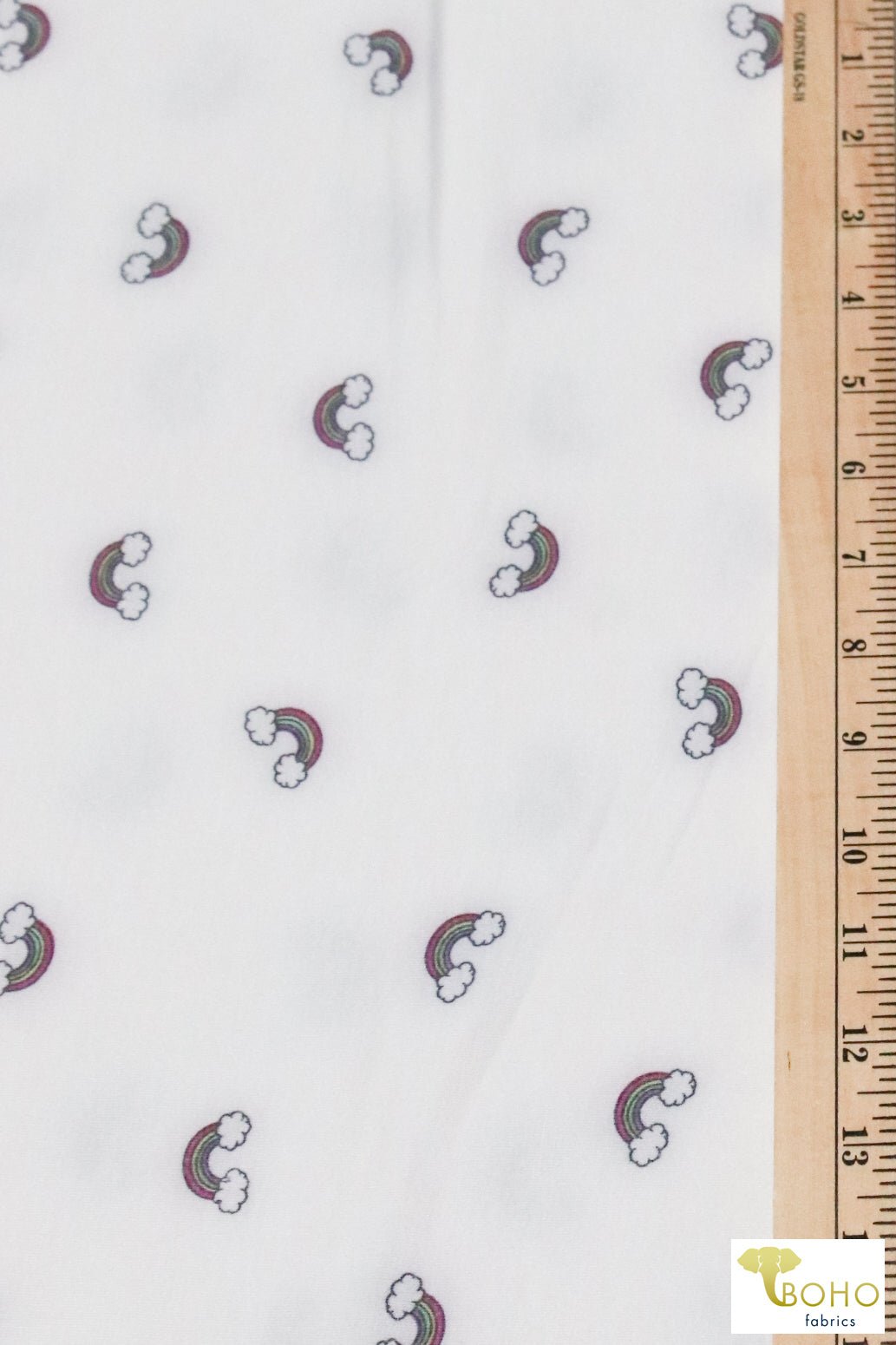 Mini Rainbows on White, French Terry Knit Print. FTP-320-WHT - Boho Fabrics