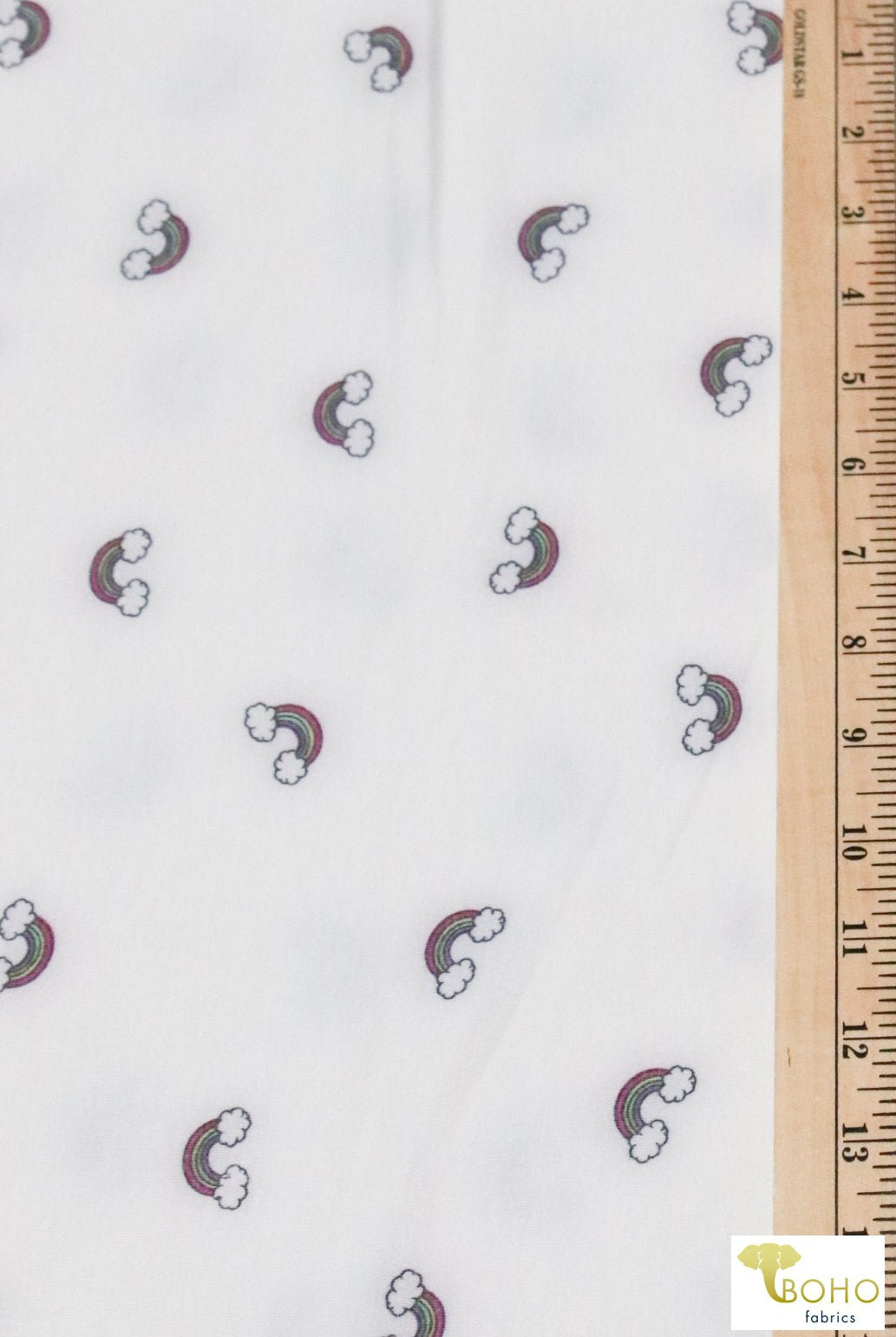 Mini Rainbows on White, French Terry Knit Print. FTP-320-WHT - Boho Fabrics