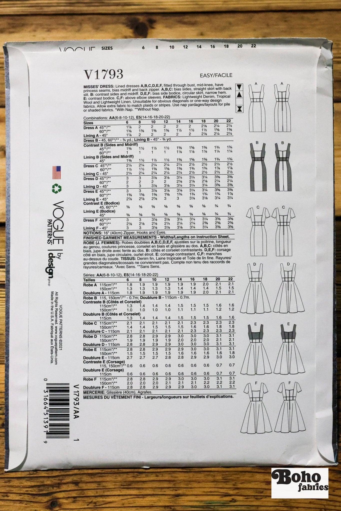 Misses Dress , V1793 New Vogue Pattern - Boho Fabrics - Sewing Patterns