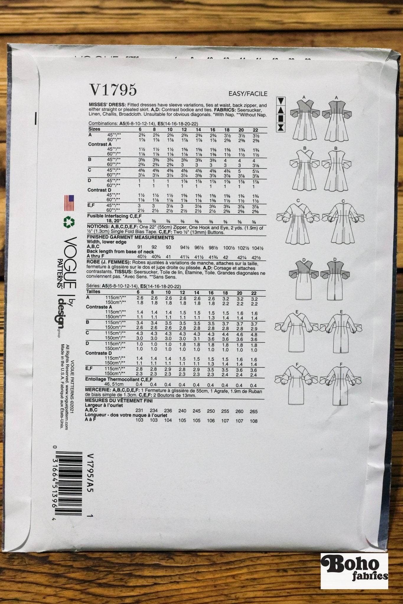 Misses Dress , V1795 New Vogue Pattern - Boho Fabrics - Sewing Patterns