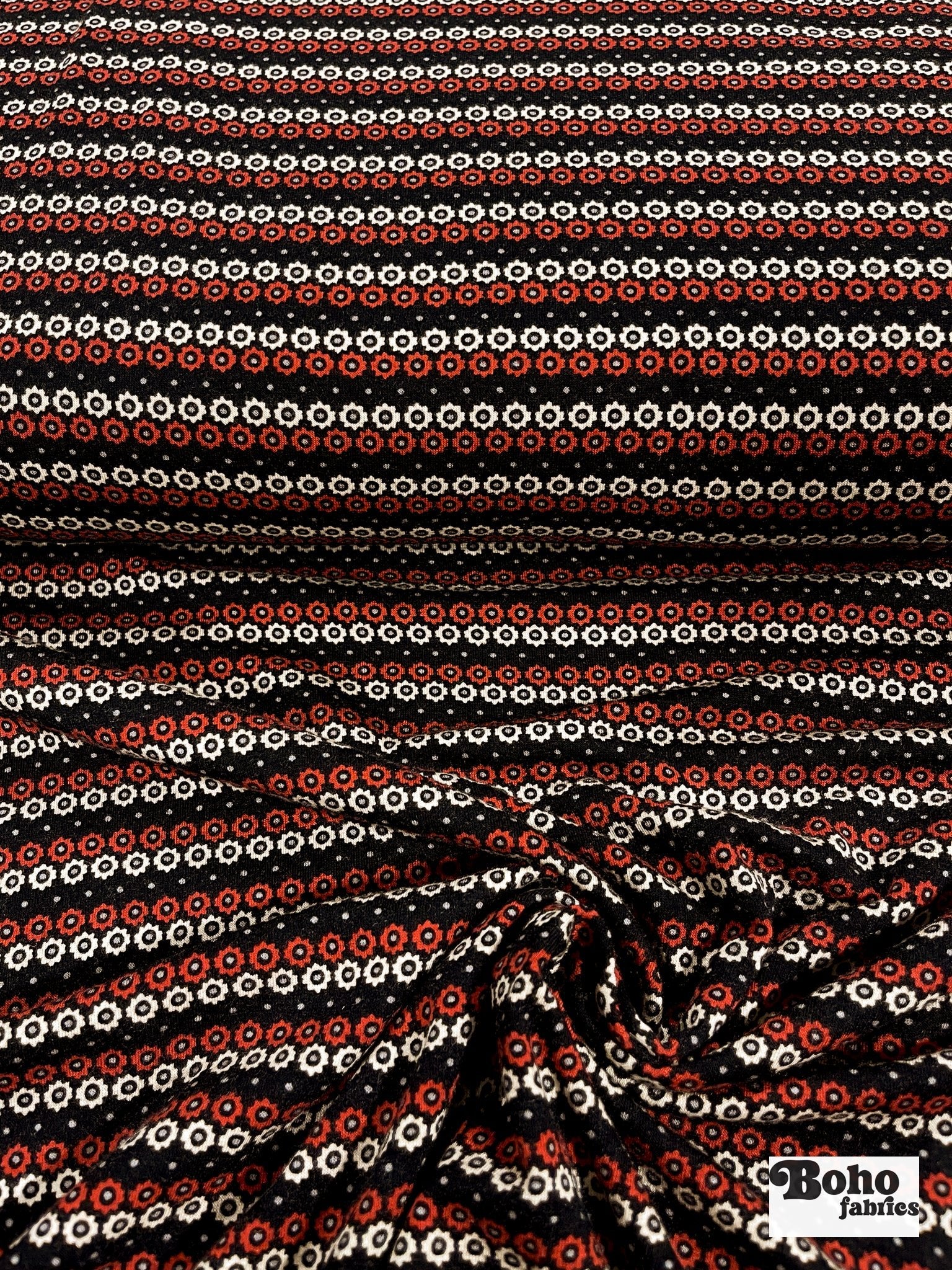 Mod Daisy Stripes, Printed Rayon Knit Fabric - Boho Fabrics - Rayon Jersey Prints, Knit Fabric