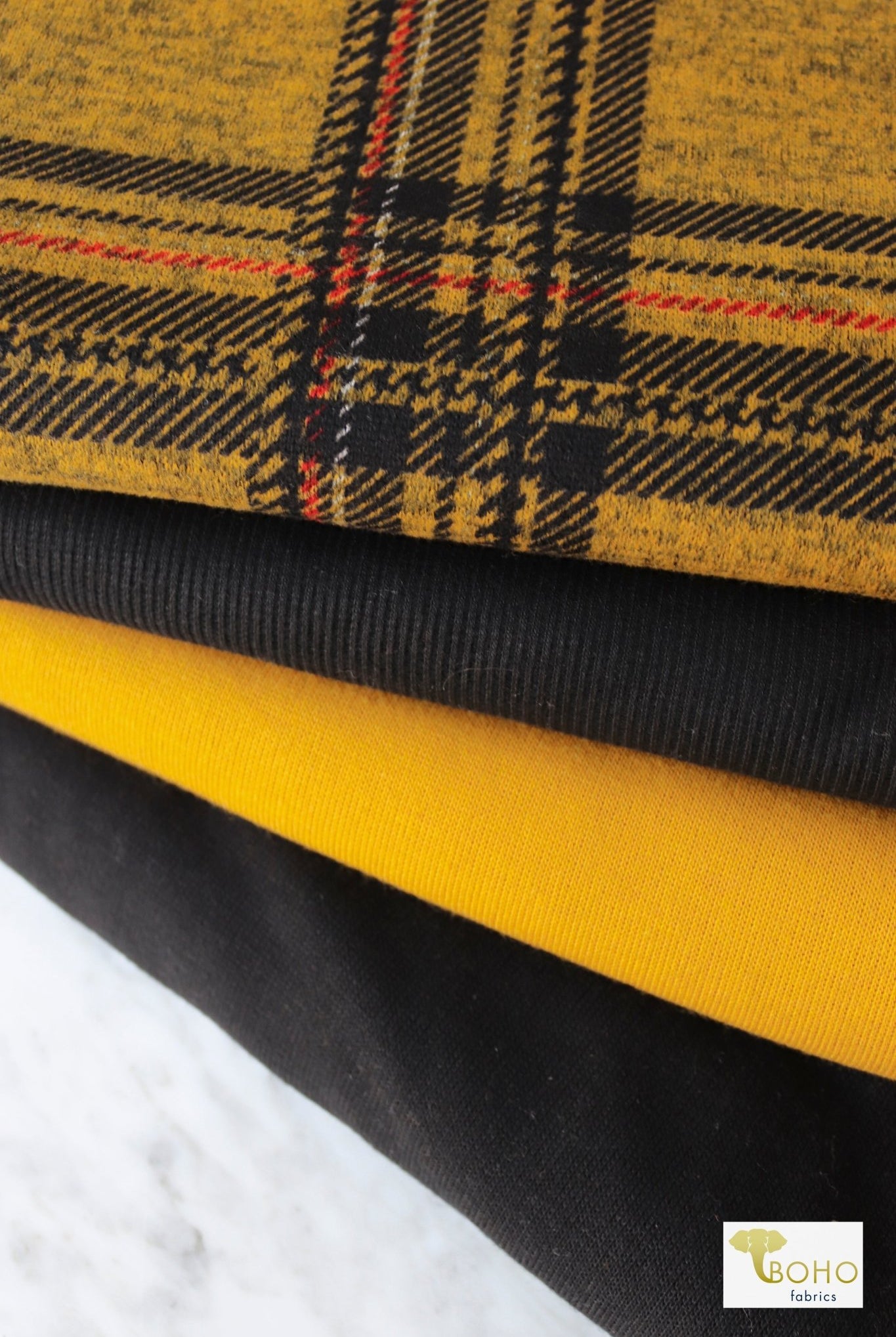 Mustard Plaid, Printed Sweater Knit Fabric - Boho Fabrics
