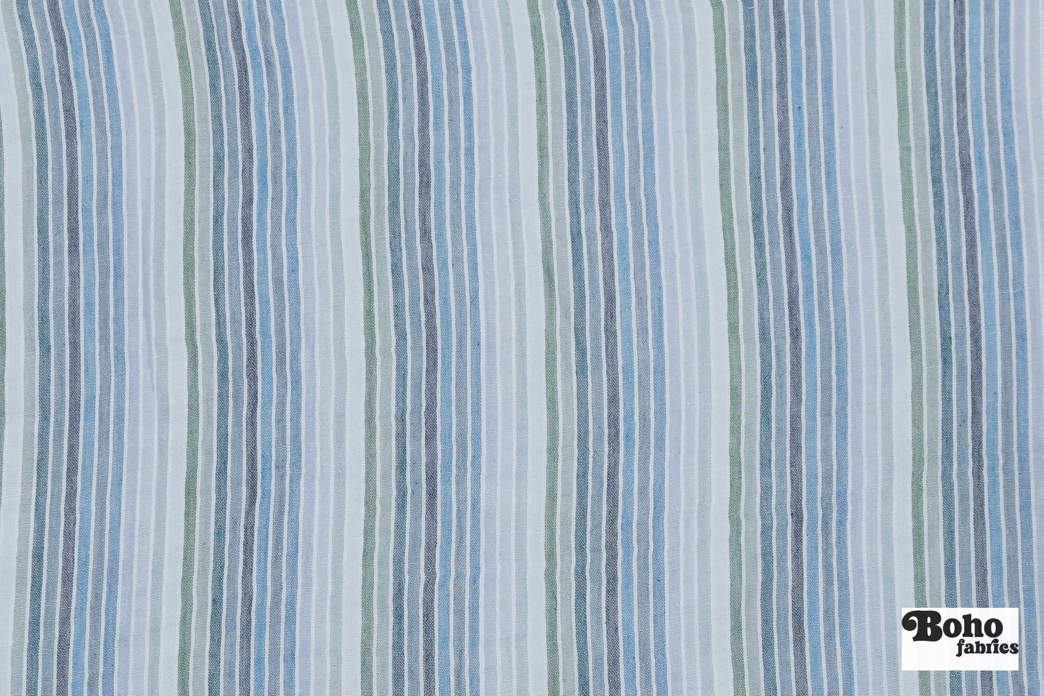Muted Blues and Greens Striped Double Gauze Cotton Woven Fabric - Boho Fabrics - Gauze, Woven