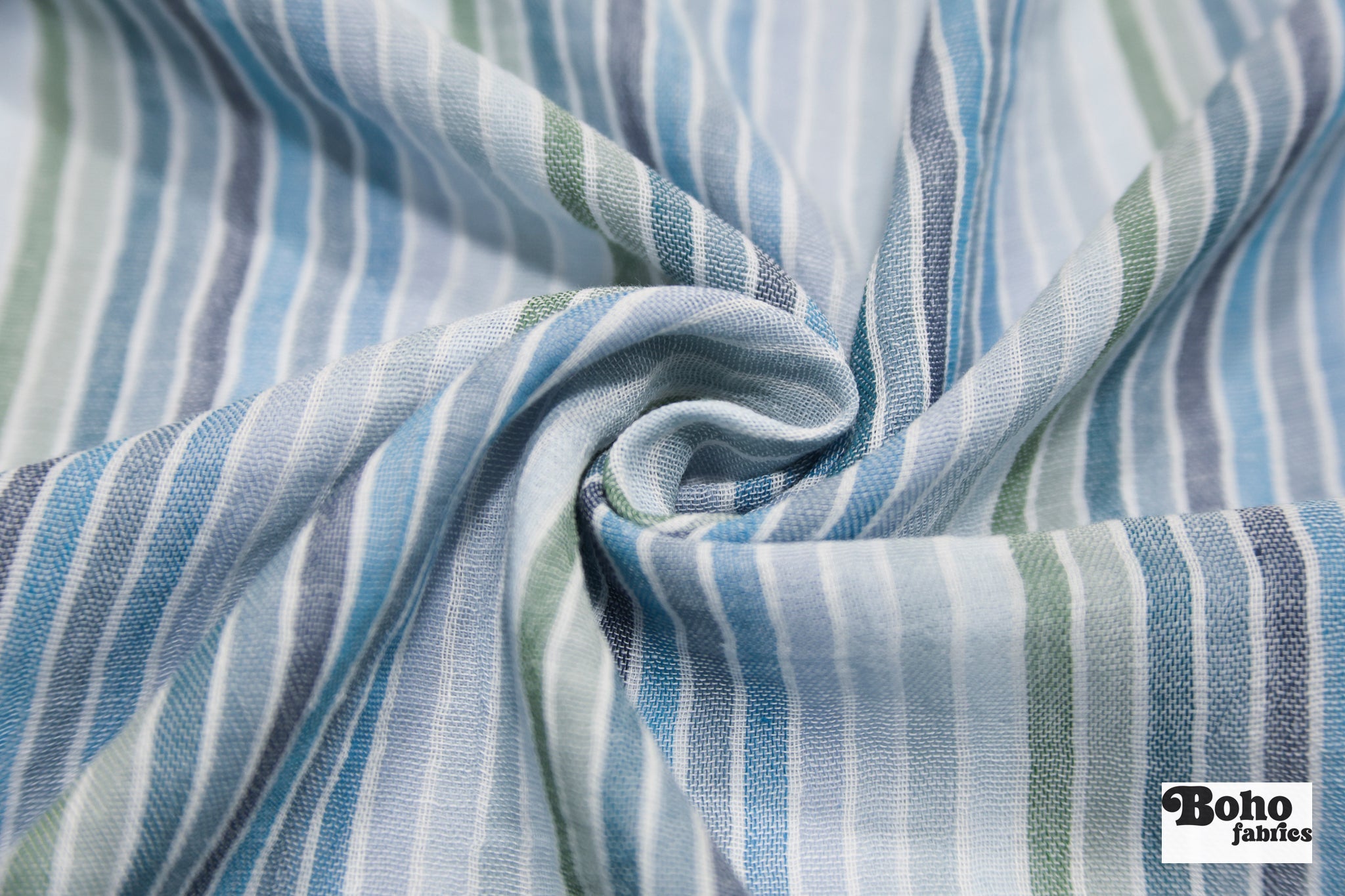 Muted Blues and Greens Striped Double Gauze Cotton Woven Fabric - Boho Fabrics - Gauze, Woven