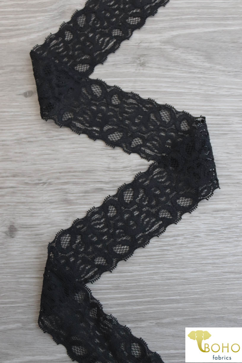 Mythical Flowers in Black, 1 5/8" Stretch Lace. SL-005. - Boho Fabrics