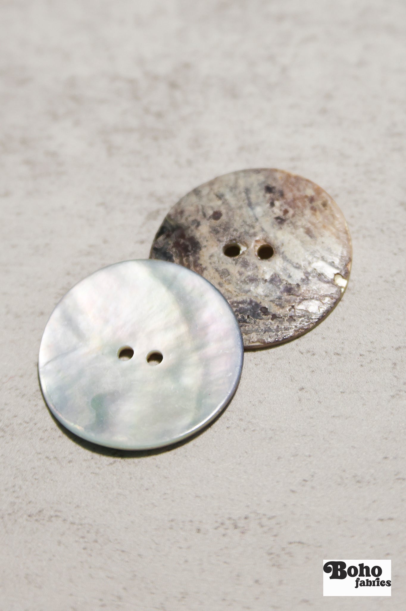 Natural Agoya Shell 2-Hole Buttons. 18L (11.5mm/ 7/16"), 20L, (12.5mm/ 1/2"), 24L (15mm / 5/8"), 48L (30mm, 1 3/16") - Boho Fabrics - Buttons & Snaps