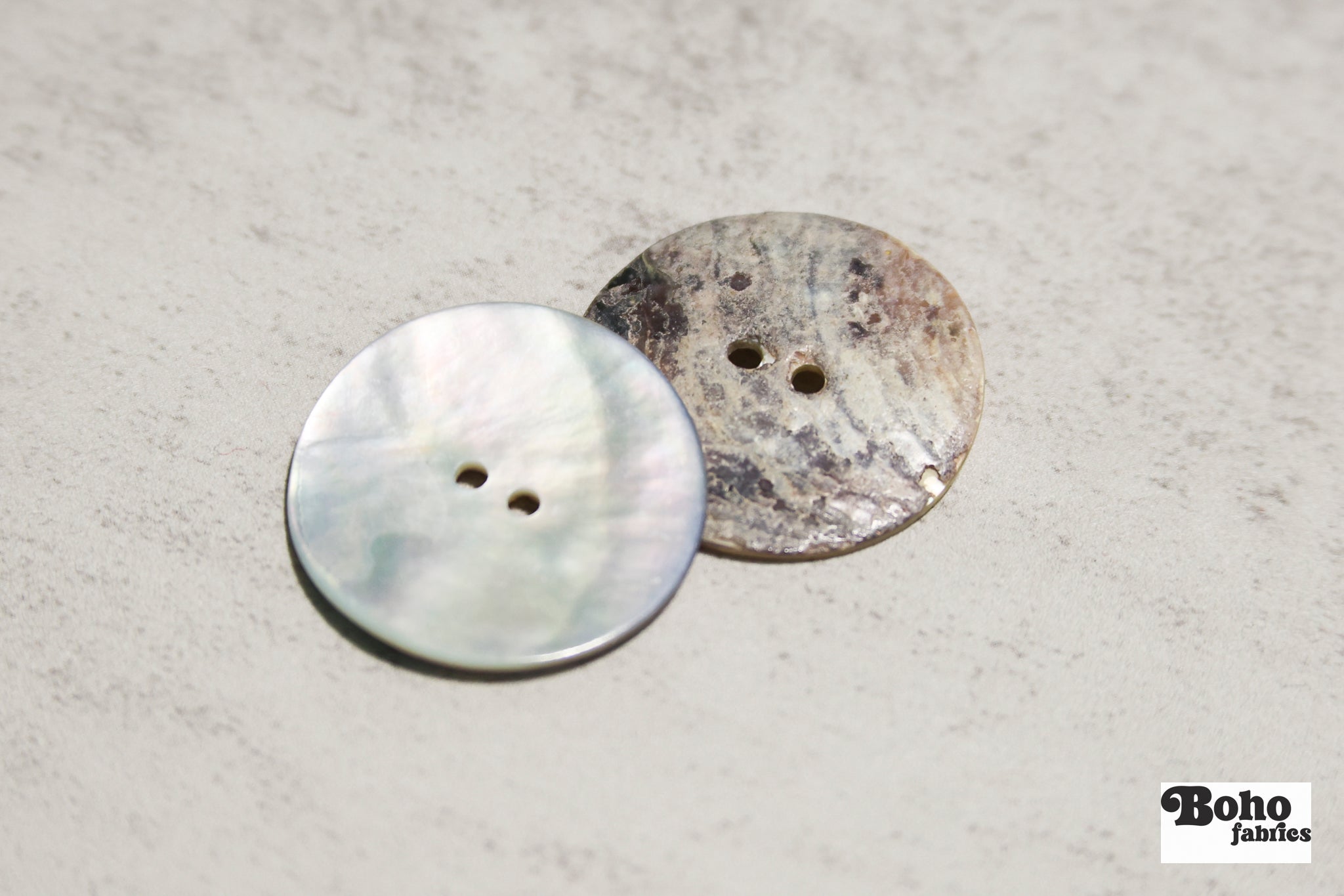 Natural Agoya Shell 2-Hole Buttons. 18L (11.5mm/ 7/16"), 20L, (12.5mm/ 1/2"), 24L (15mm / 5/8"), 48L (30mm, 1 3/16") - Boho Fabrics - Buttons & Snaps