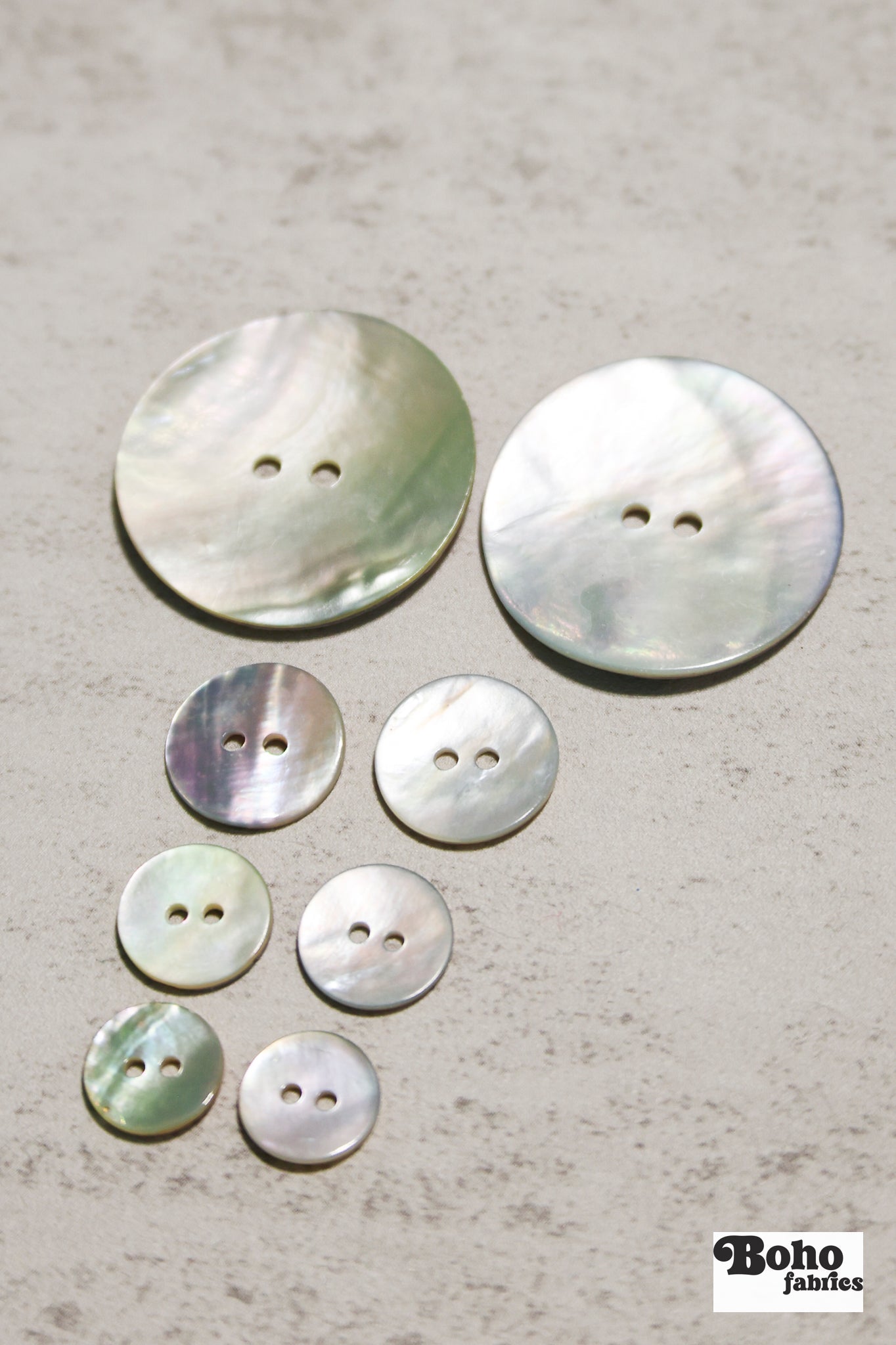 Natural Agoya Shell 2-Hole Buttons. 18L (11.5mm/ 7/16"), 20L, (12.5mm/ 1/2"), 24L (15mm / 5/8"), 48L (30mm, 1 3/16") - Boho Fabrics - Buttons & Snaps