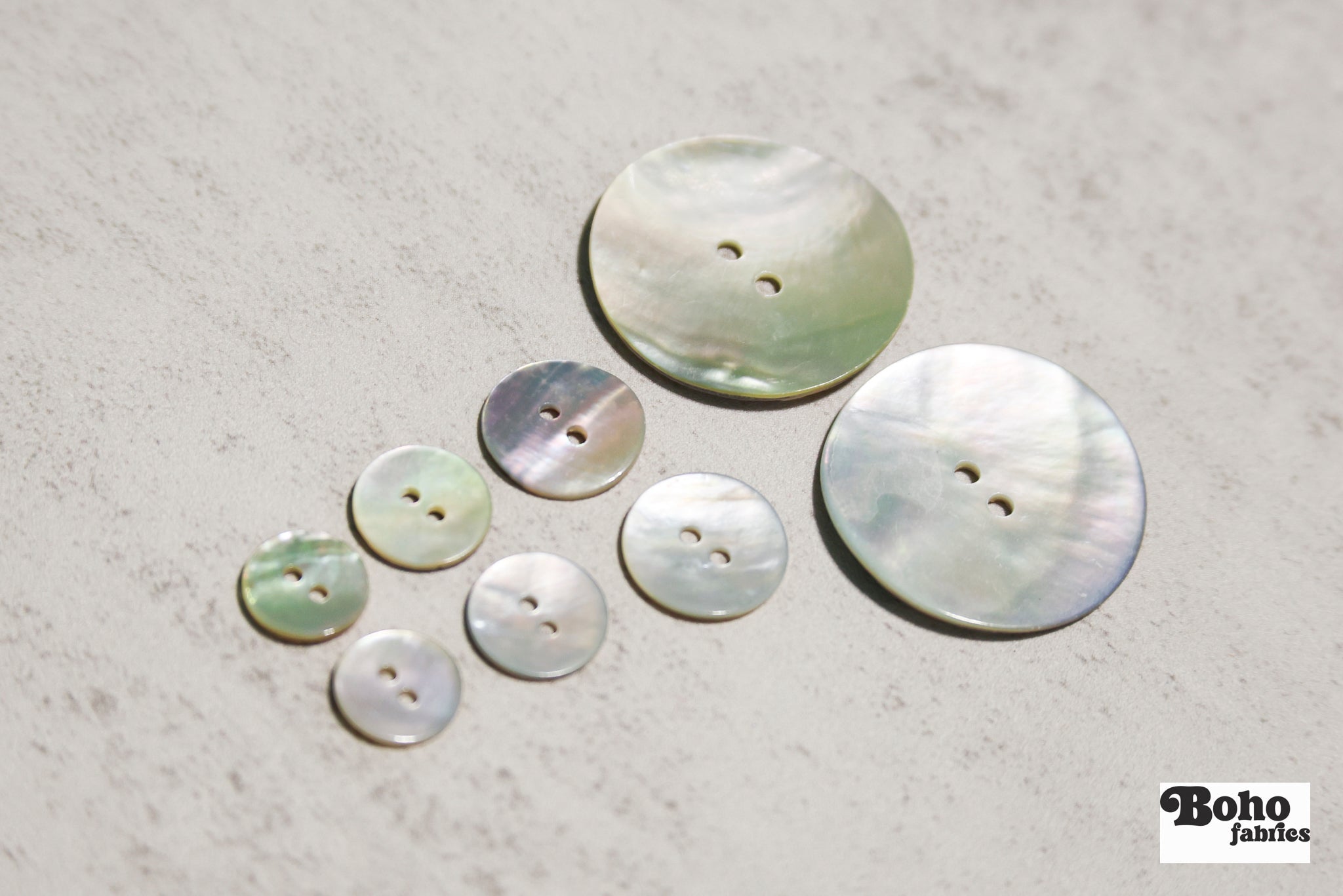 Natural Agoya Shell 2-Hole Buttons. 18L (11.5mm/ 7/16"), 20L, (12.5mm/ 1/2"), 24L (15mm / 5/8"), 48L (30mm, 1 3/16") - Boho Fabrics - Buttons & Snaps