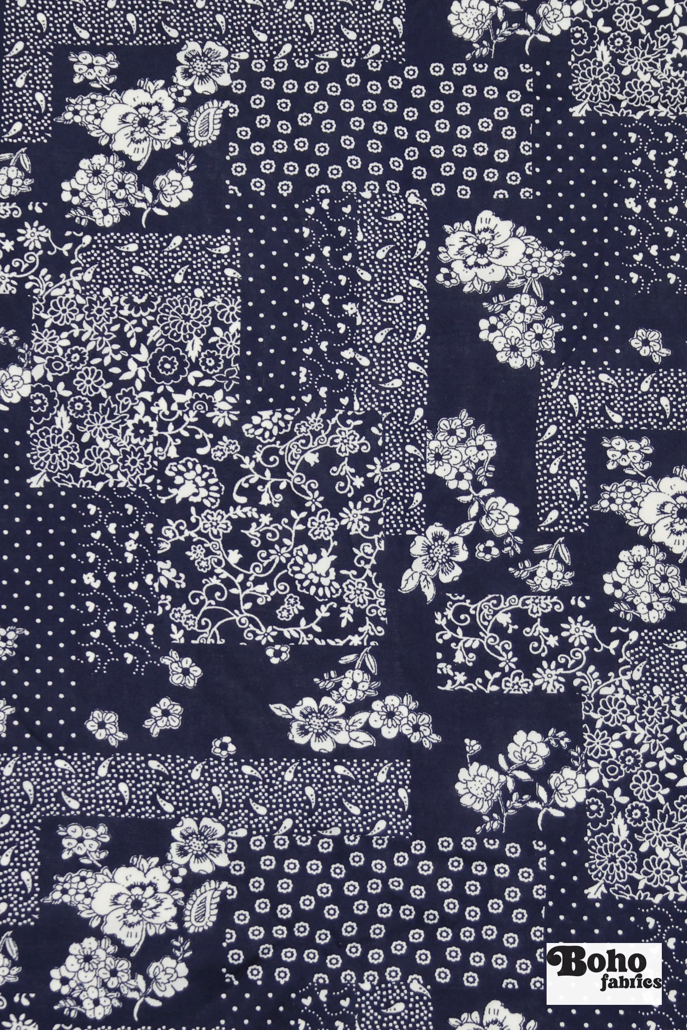Navy Blue and White Floral Bandana Patchwork Rayon Challis Woven Fabric - Boho Fabrics - Challis, Woven