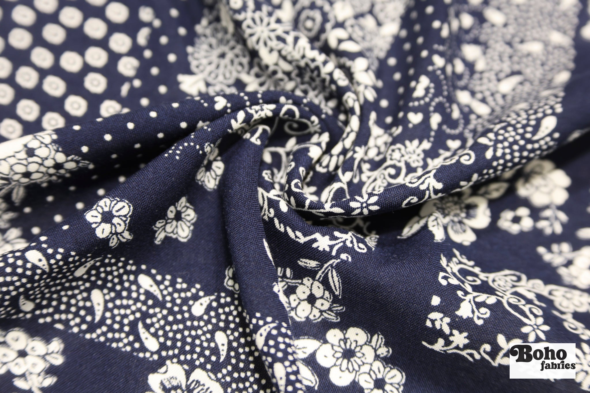 Navy Blue and White Floral Bandana Patchwork Rayon Challis Woven Fabric - Boho Fabrics - Challis, Woven