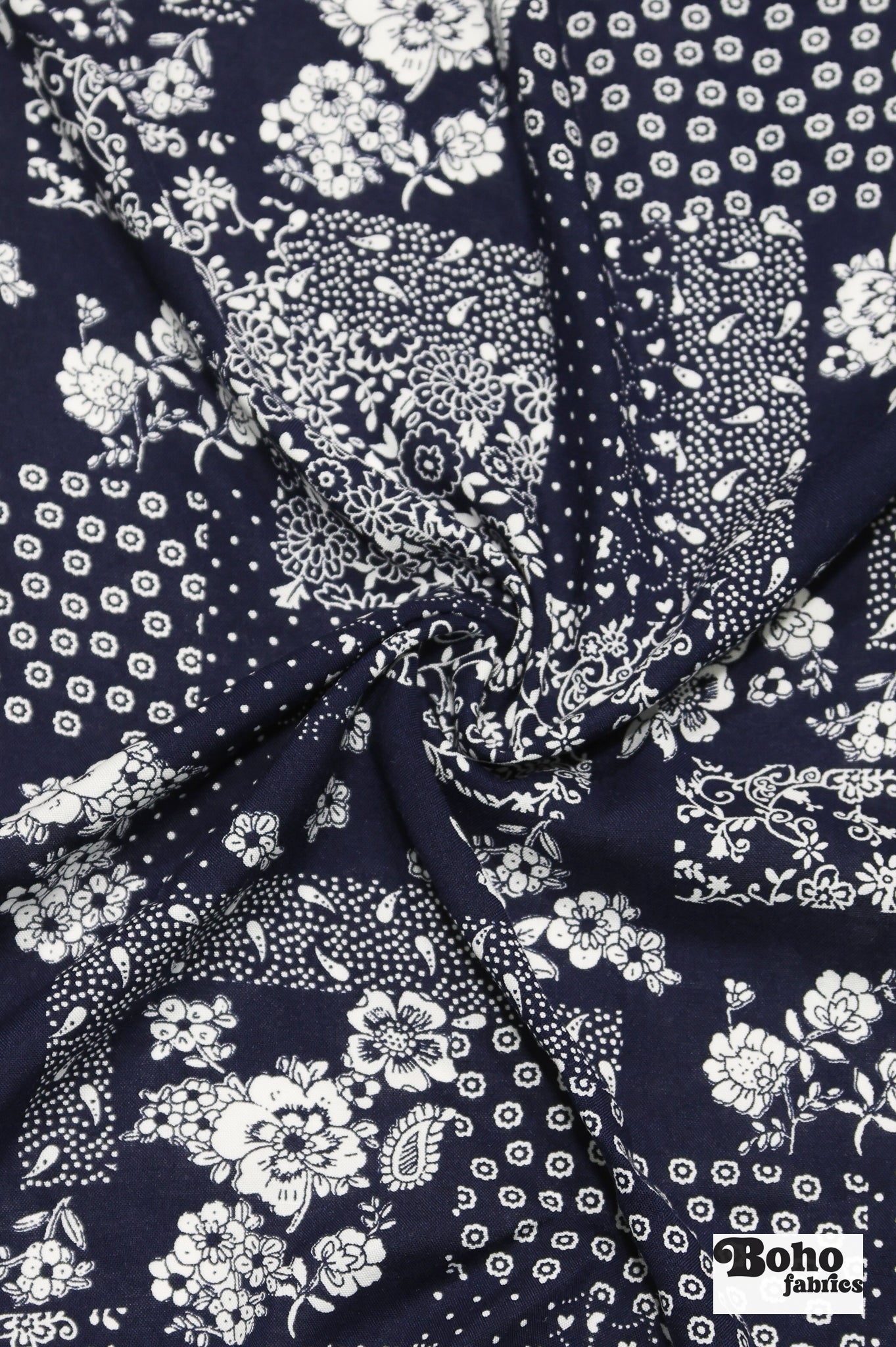 Navy Blue and White Floral Bandana Patchwork Rayon Challis Woven Fabric - Boho Fabrics - Challis, Woven
