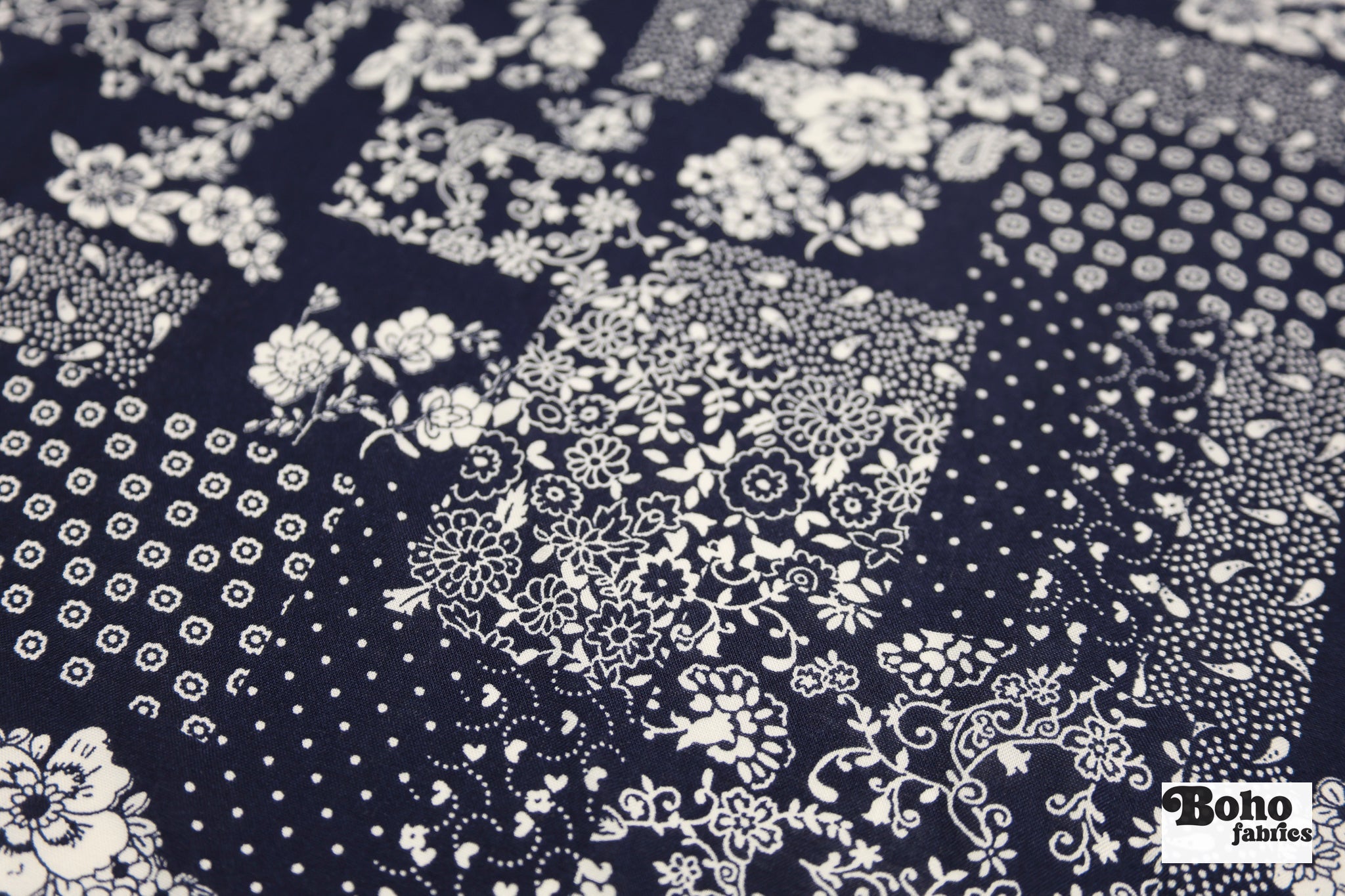 Navy Blue and White Floral Bandana Patchwork Rayon Challis Woven Fabric - Boho Fabrics - Challis, Woven