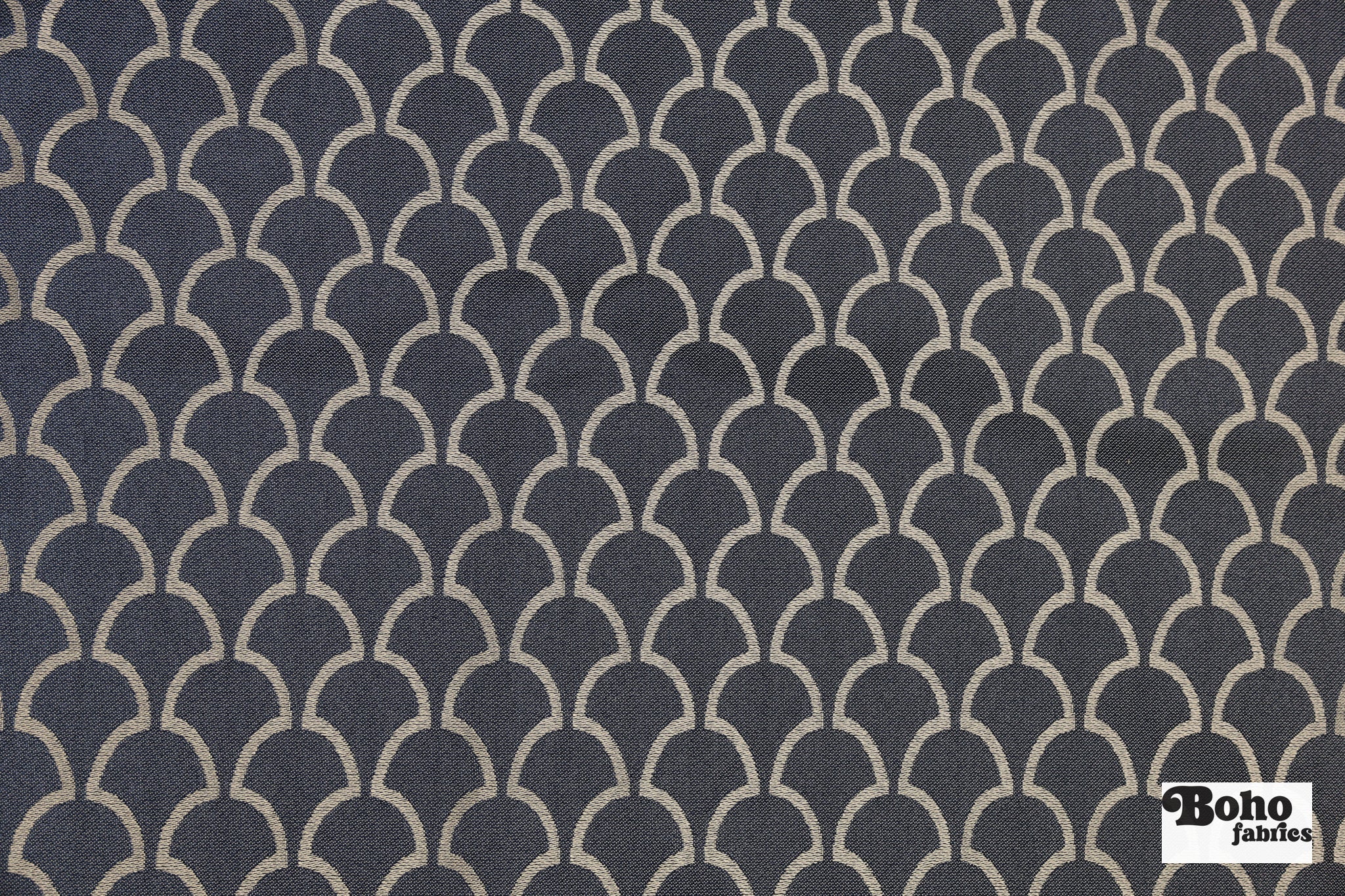 Navy Blue & Cream Scalloped Fan Upholstery Woven Fabric - Boho Fabrics - Home Dec. & Upholstery Fabric