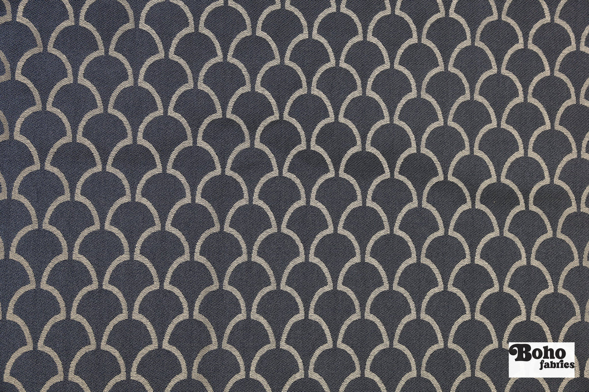 Navy Blue & Cream Scalloped Fan Upholstery Woven Fabric - Boho Fabrics - Home Dec. & Upholstery Fabric