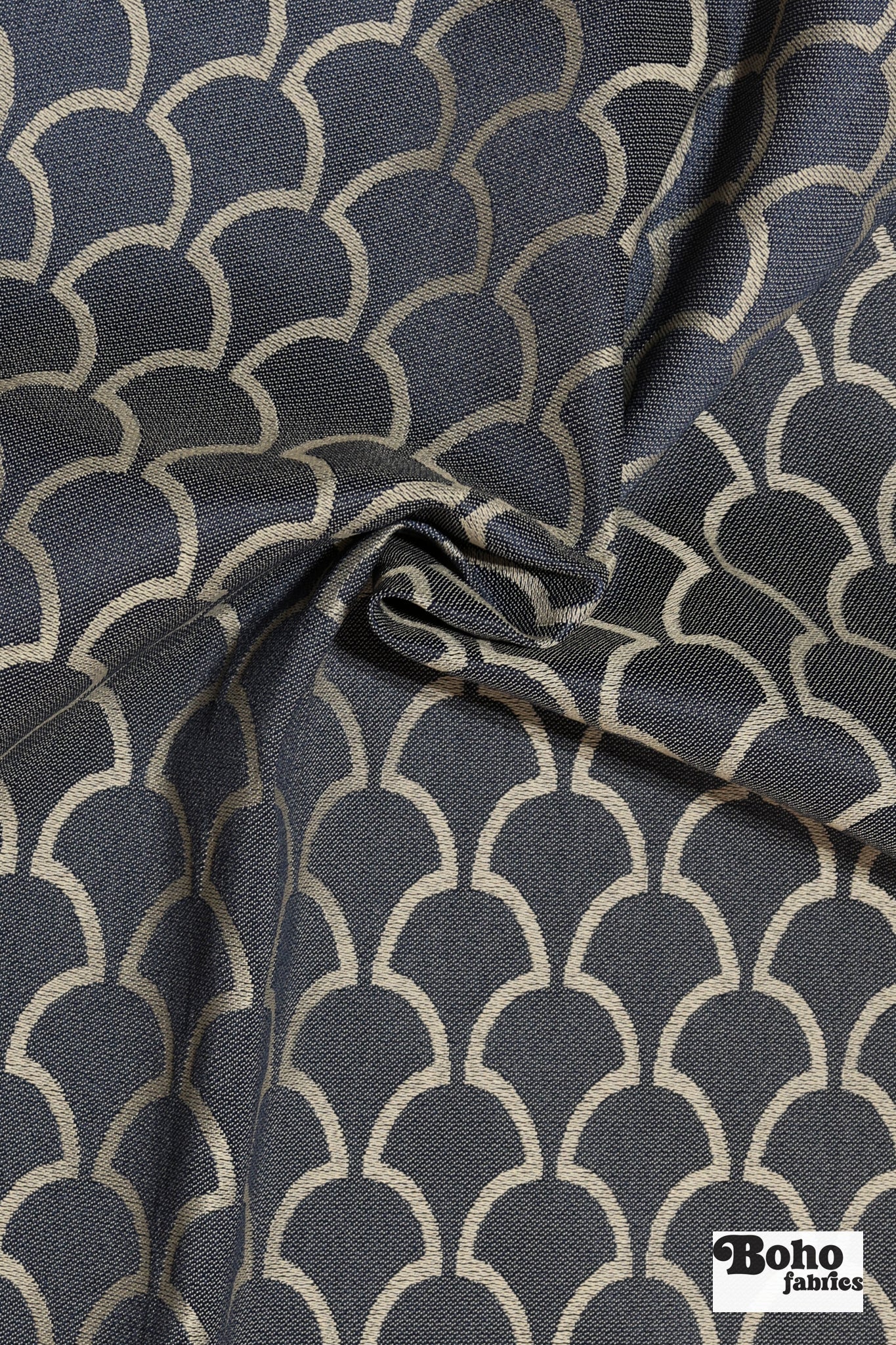 Navy Blue & Cream Scalloped Fan Upholstery Woven Fabric - Boho Fabrics - Home Dec. & Upholstery Fabric
