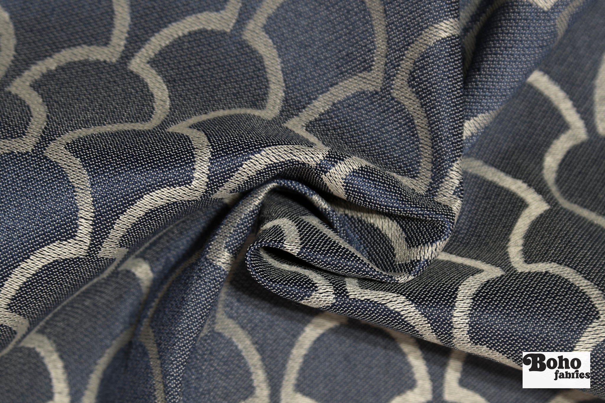 Navy Blue & Cream Scalloped Fan Upholstery Woven Fabric - Boho Fabrics - Home Dec. & Upholstery Fabric