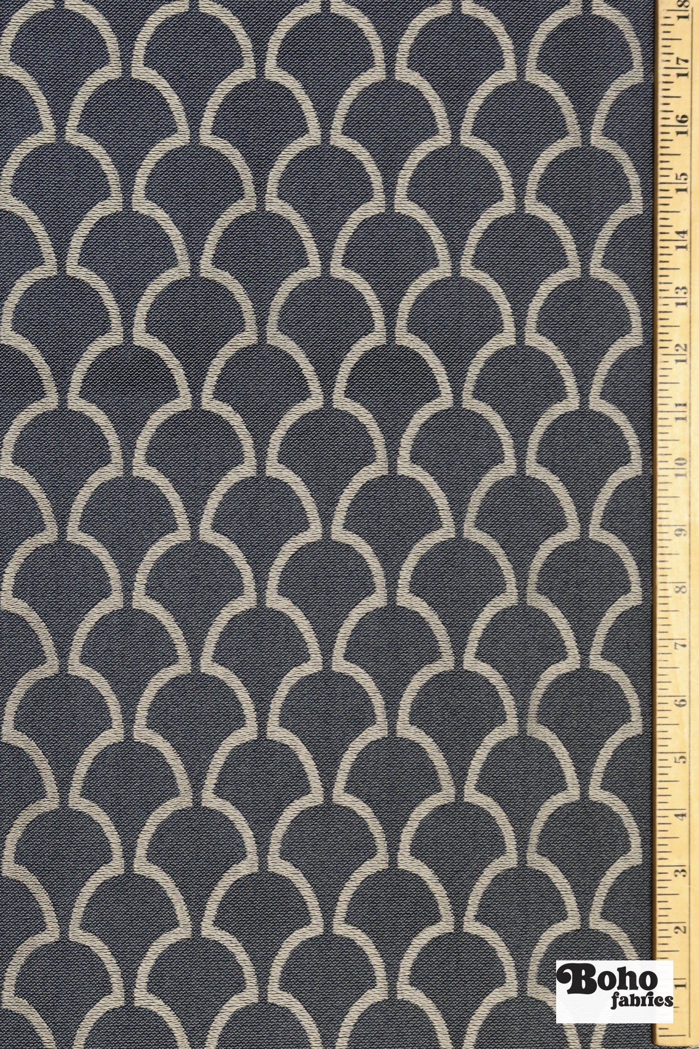 Navy Blue & Cream Scalloped Fan Upholstery Woven Fabric - Boho Fabrics - Home Dec. & Upholstery Fabric