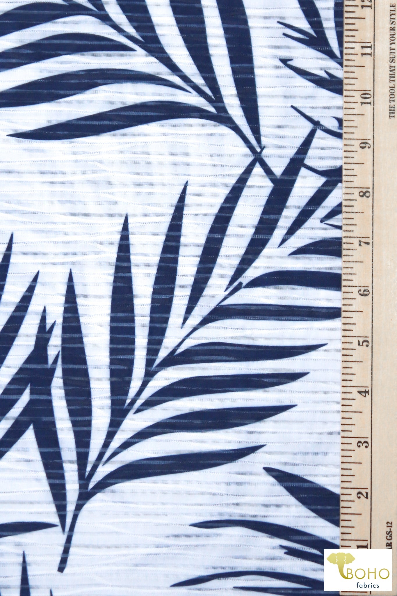 Navy Palms, Burnout Jersey Knit. JER-P-108-BLU - Boho Fabrics