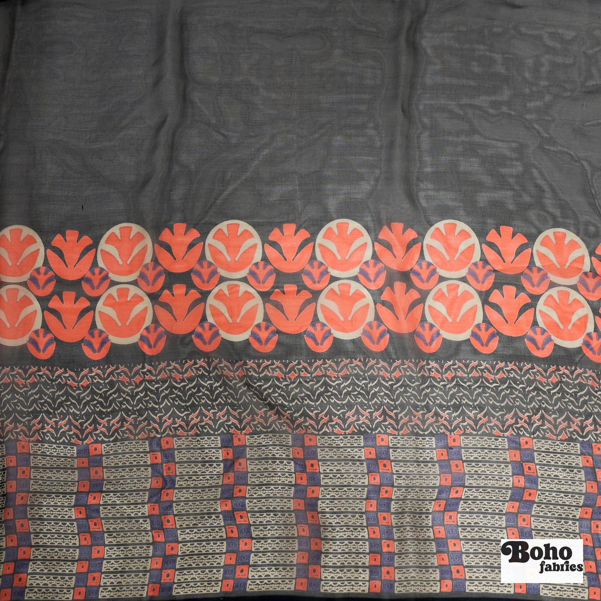 Navy & Red Geometric & Floral Border Motif Silk Chiffon Fabric, Pre-Cuts - Boho Fabrics - Woven Fabric