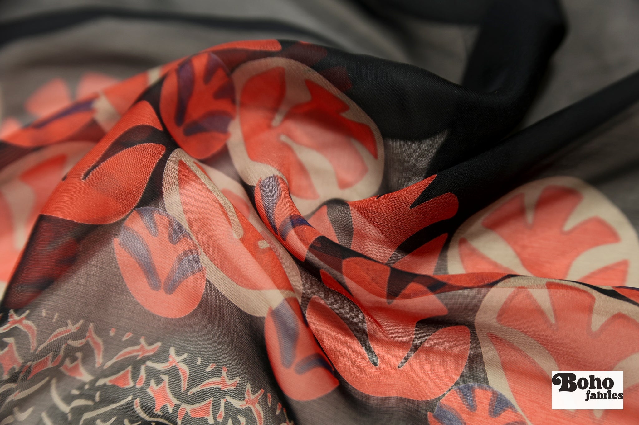 Navy & Red Geometric & Floral Border Motif Silk Chiffon Fabric, Pre-Cuts - Boho Fabrics - Woven Fabric