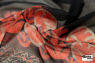 Navy & Red Geometric & Floral Border Motif Silk Chiffon Fabric, Pre-Cuts - Boho Fabrics - Woven Fabric