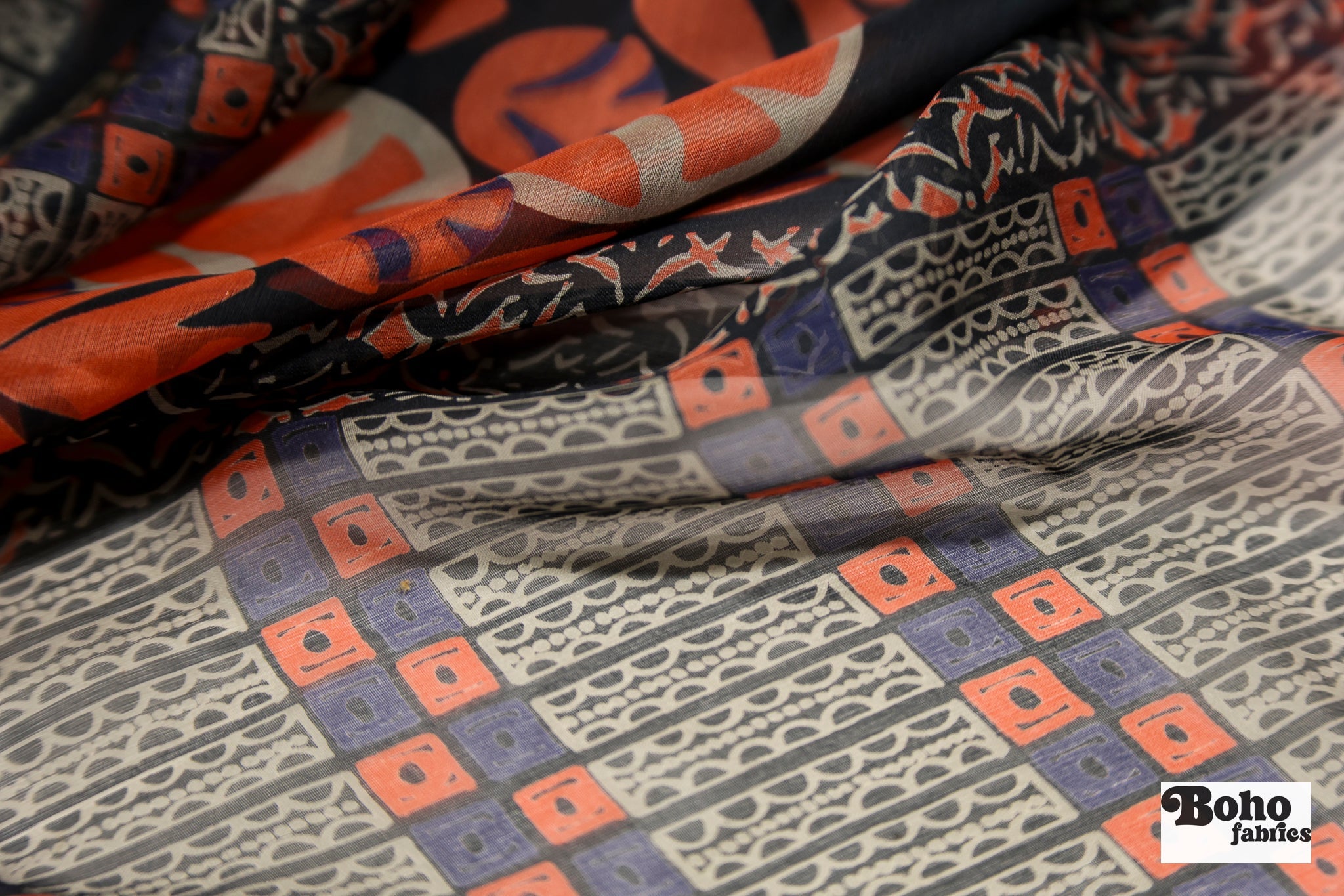 Navy & Red Geometric & Floral Border Motif Silk Chiffon Fabric, Pre-Cuts - Boho Fabrics - Woven Fabric
